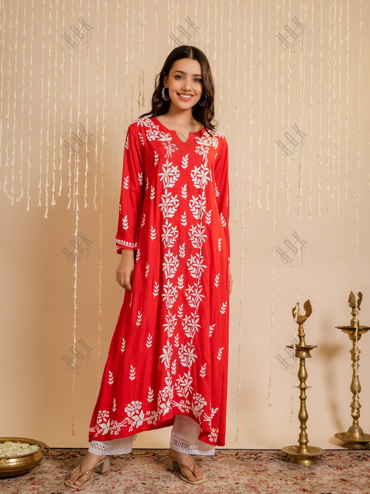 Fizaa Rayon Cotton Chikankari Kurta - Red