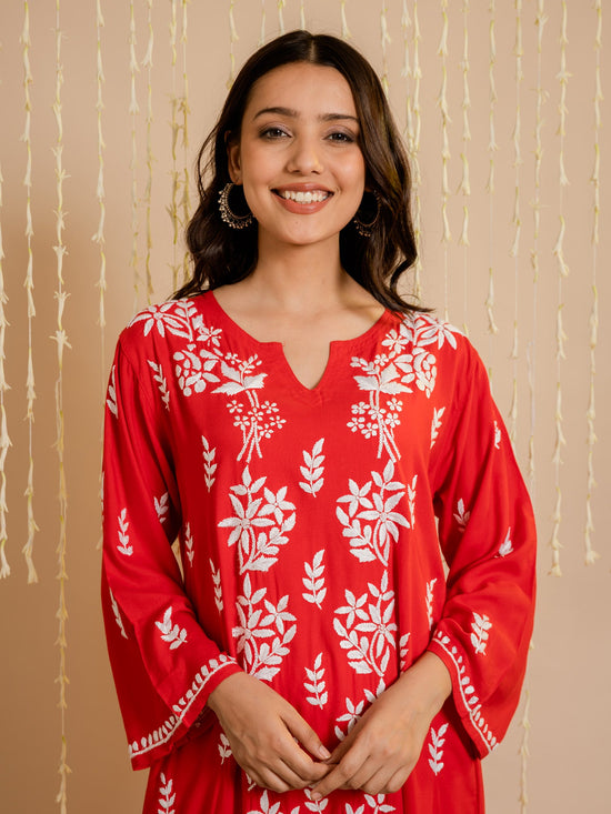 Mahima in Fizaa Rayon Cotton Chikankari Kurta - Red