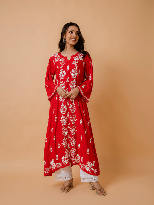 Red Rayon Cotton Chikankari Kurta For Women - House Of Kari (Chikankari  Clothing)