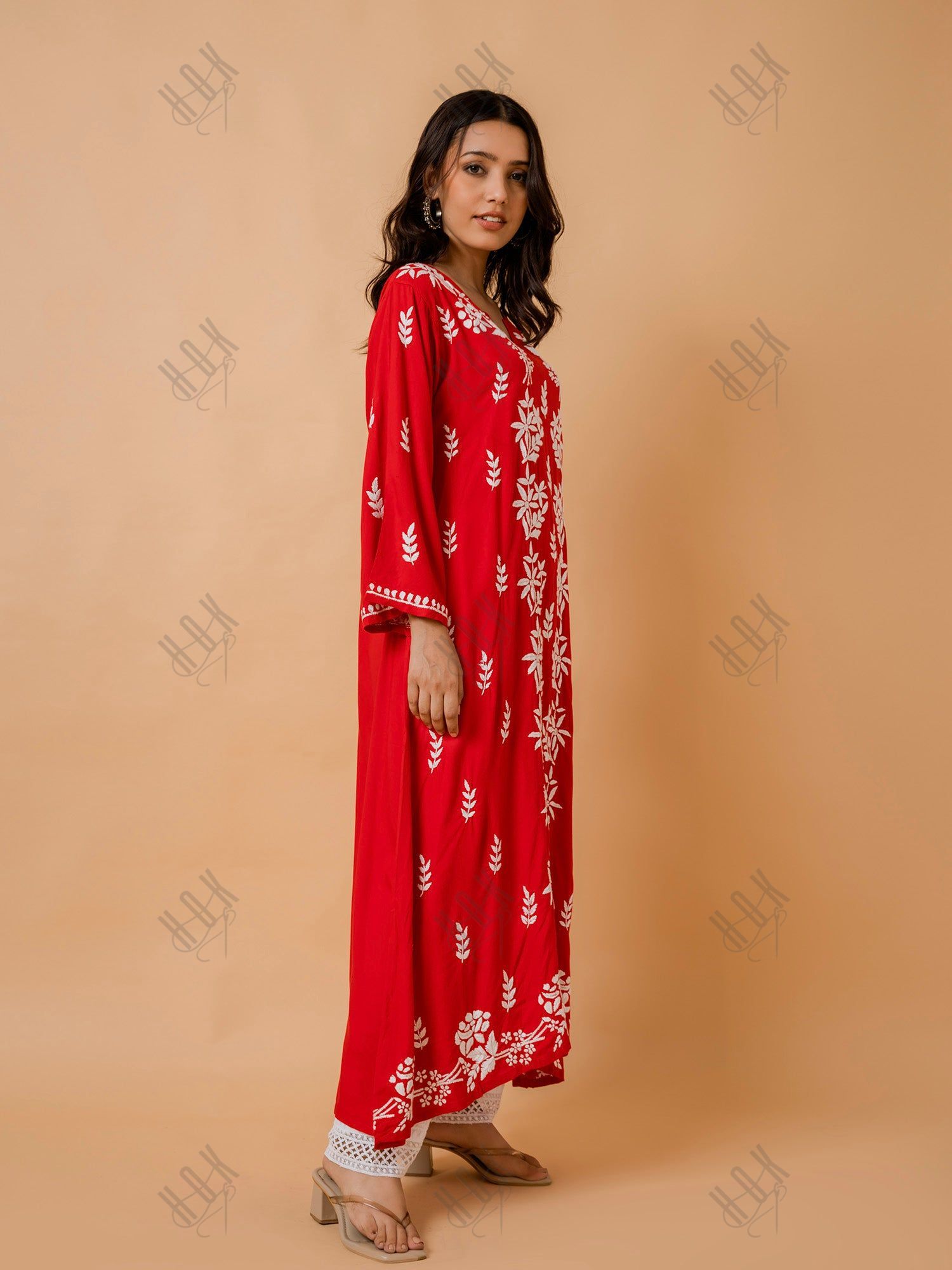 Fizaa Rayon Cotton Chikankari Kurta - Red