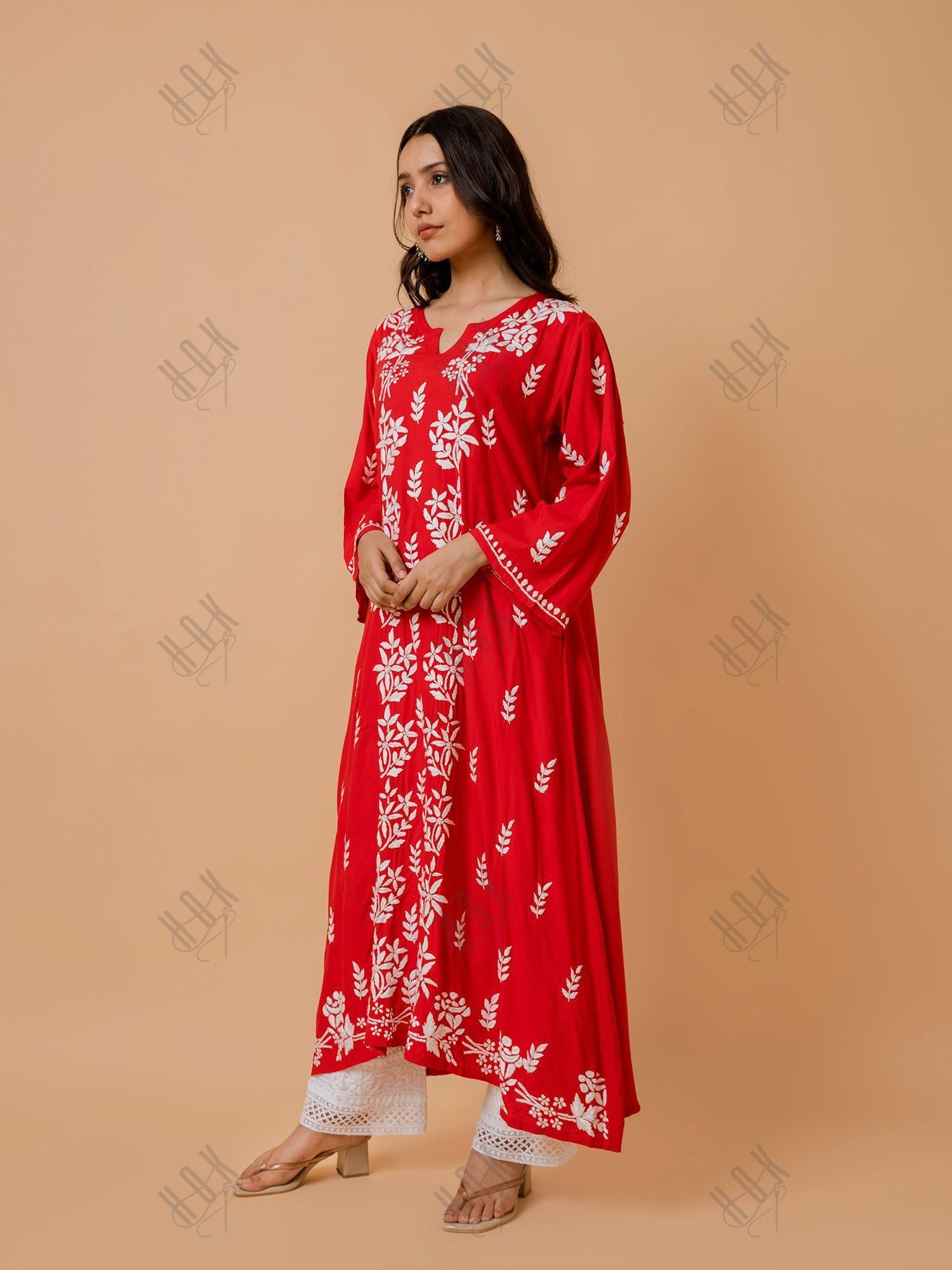 Fizaa Rayon Cotton Chikankari Kurta - Red