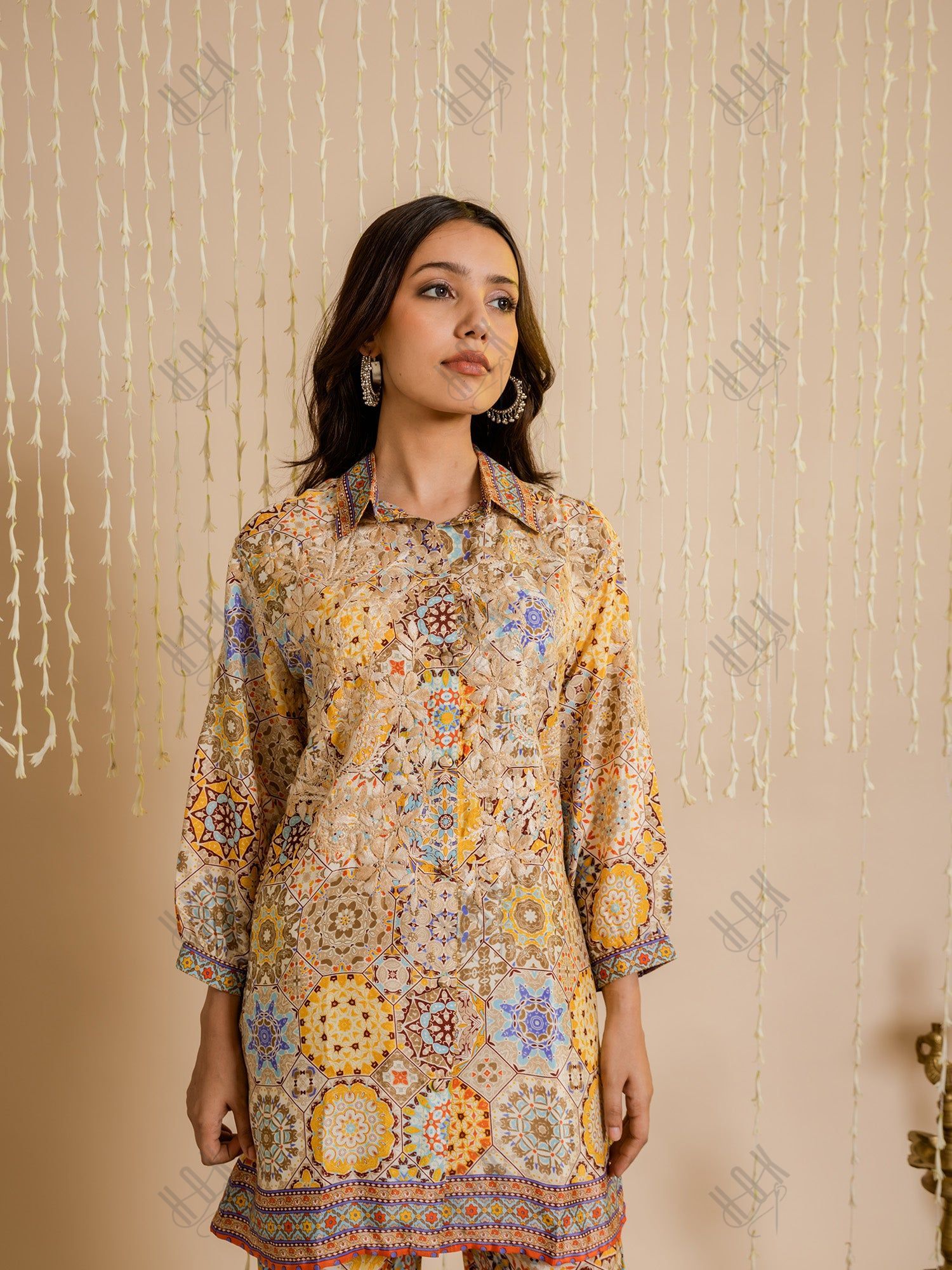 Fizaa Light Orange Silk Print Set with Beige Hand Embroidery