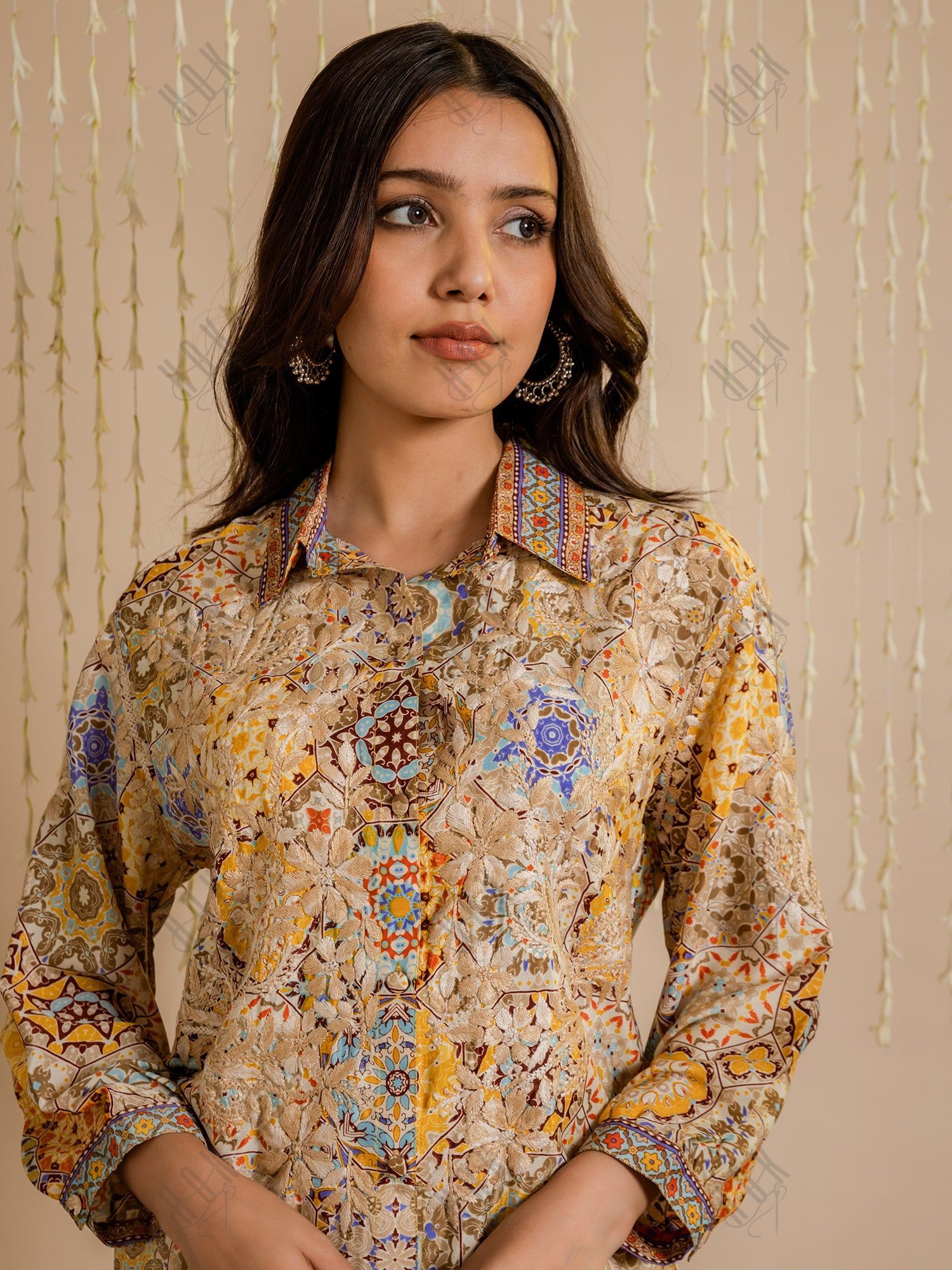 Fizaa Light Orange Silk Print Set with Beige Hand Embroidery