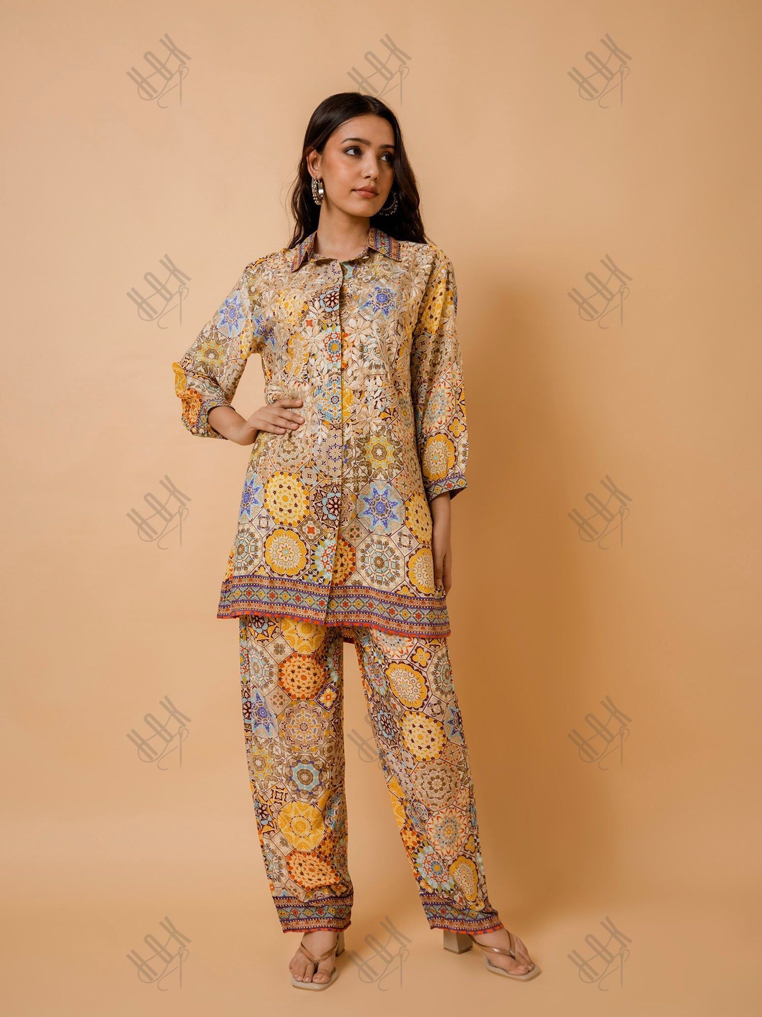 Fizaa Light Orange Silk Print Set with Beige Hand Embroidery