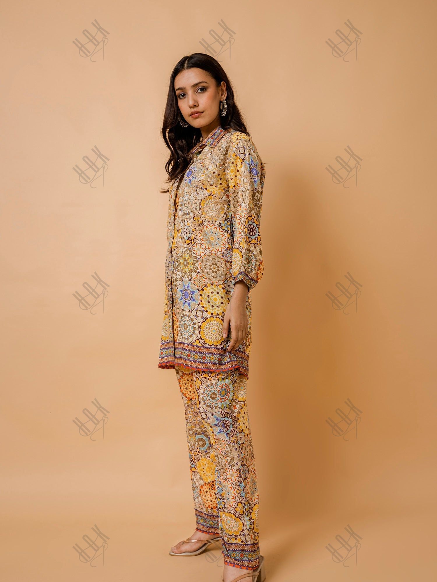 Fizaa Light Orange Silk Print Set with Beige Hand Embroidery