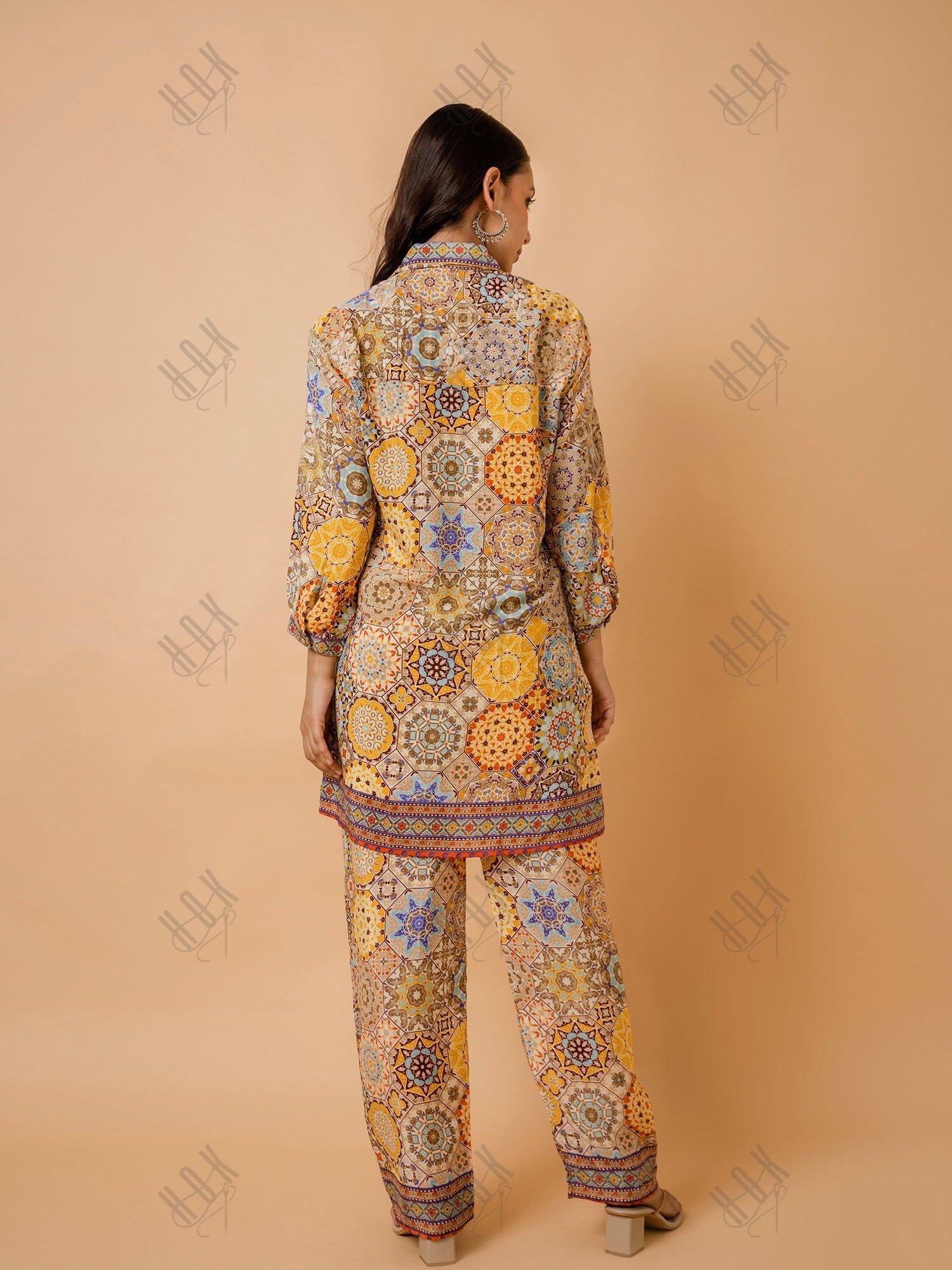 Fizaa Light Orange Silk Print Set with Beige Hand Embroidery