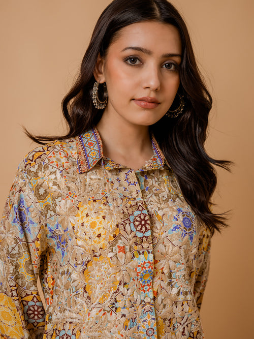 Load image into Gallery viewer, Fizaa Light Orange Silk Print Set with Beige Hand Embroidery
