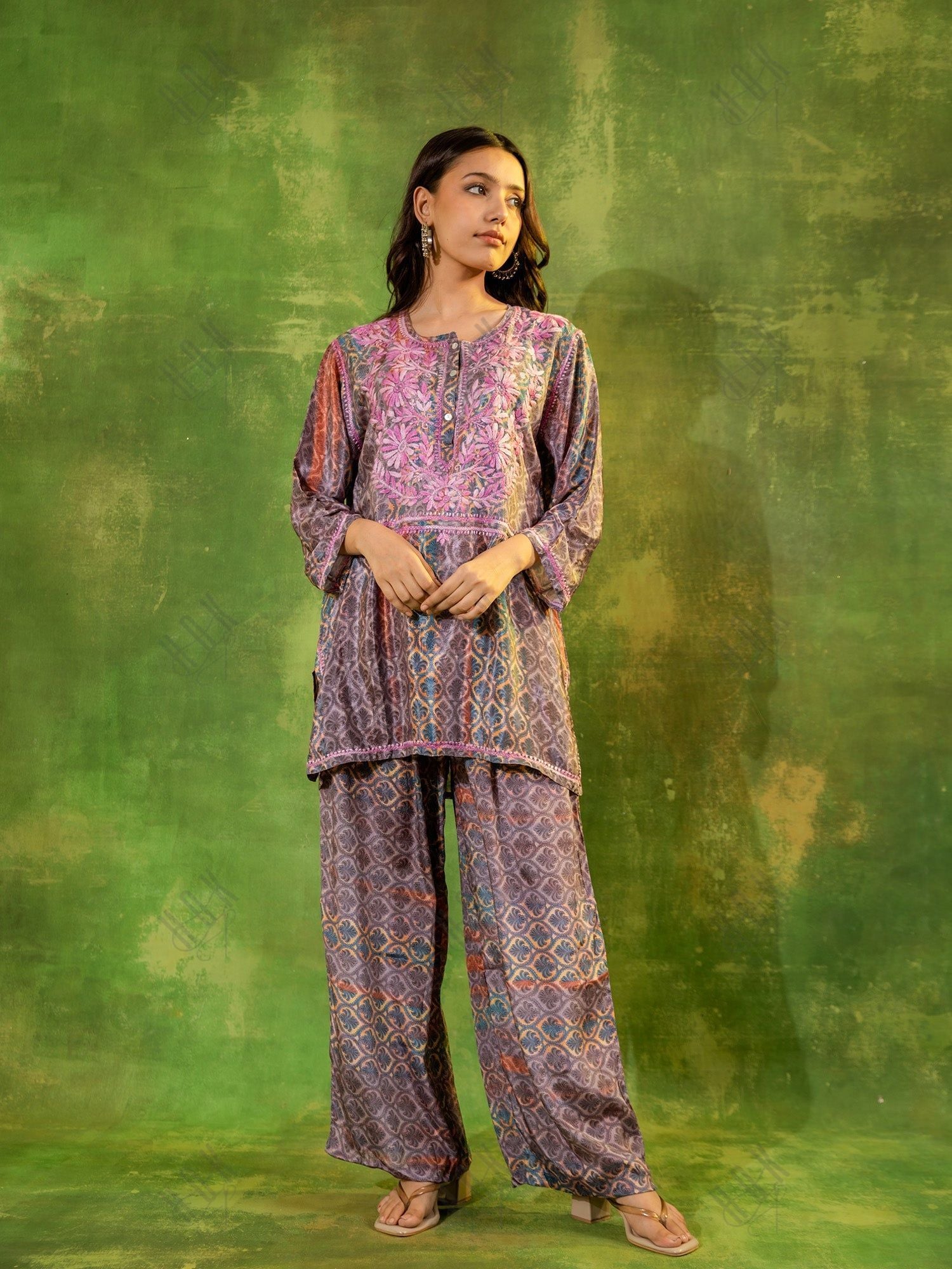 Miesha in Chikankari Polysilk Set for Women - Regal Purple