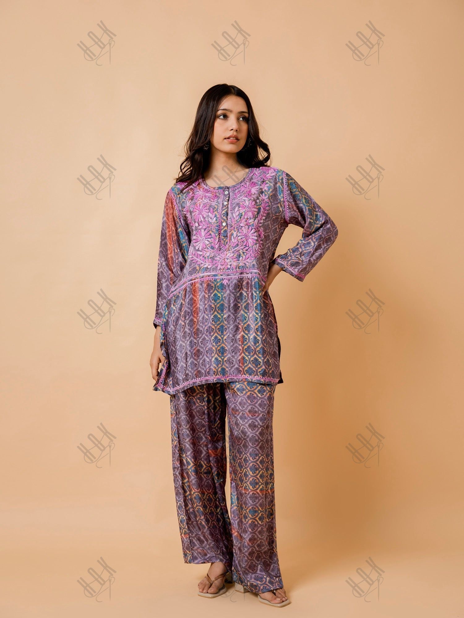 Miesha in Chikankari Polysilk Set for Women - Regal Purple