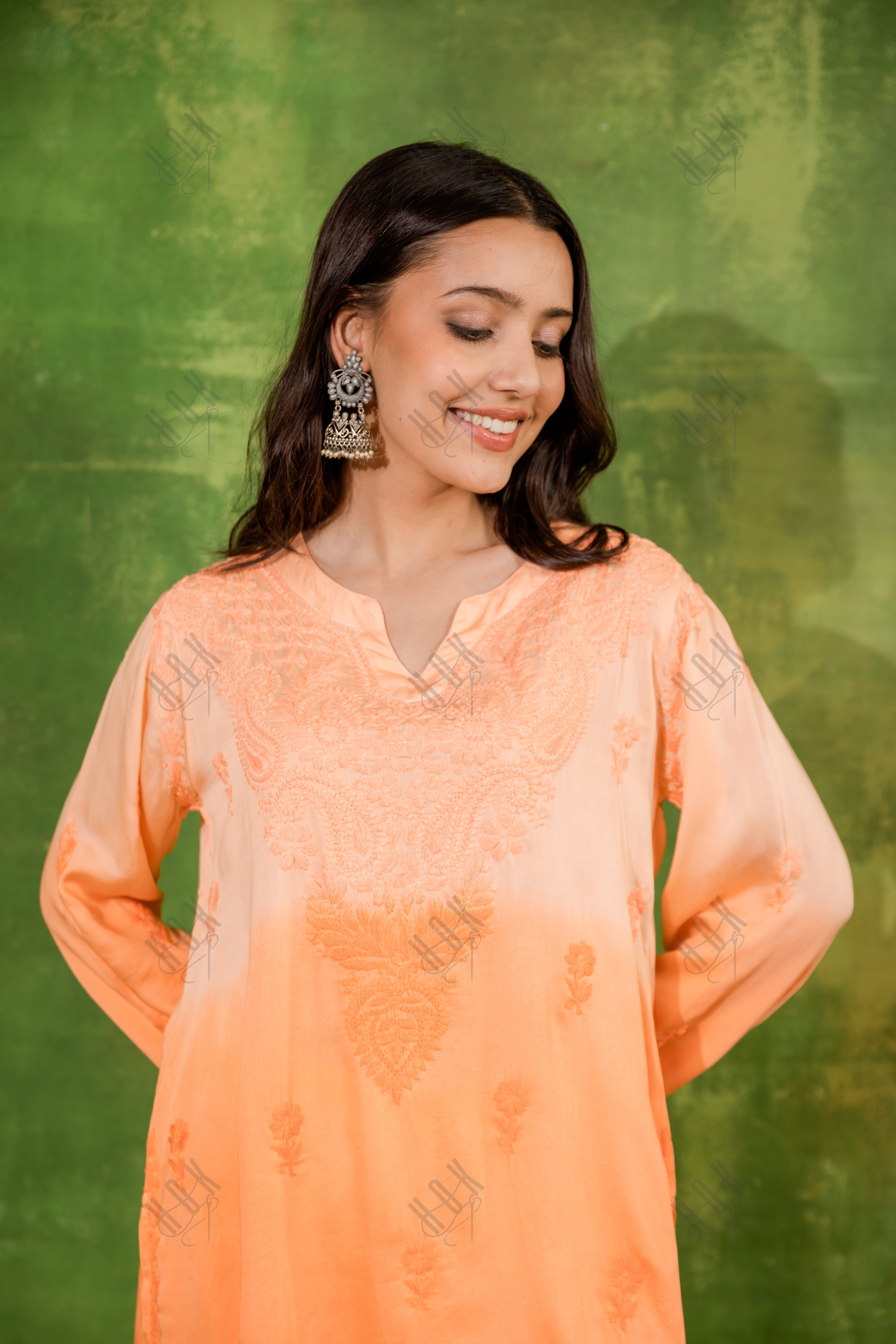 Fizaa Short Kurta in Satin Cotton for Women- Orange