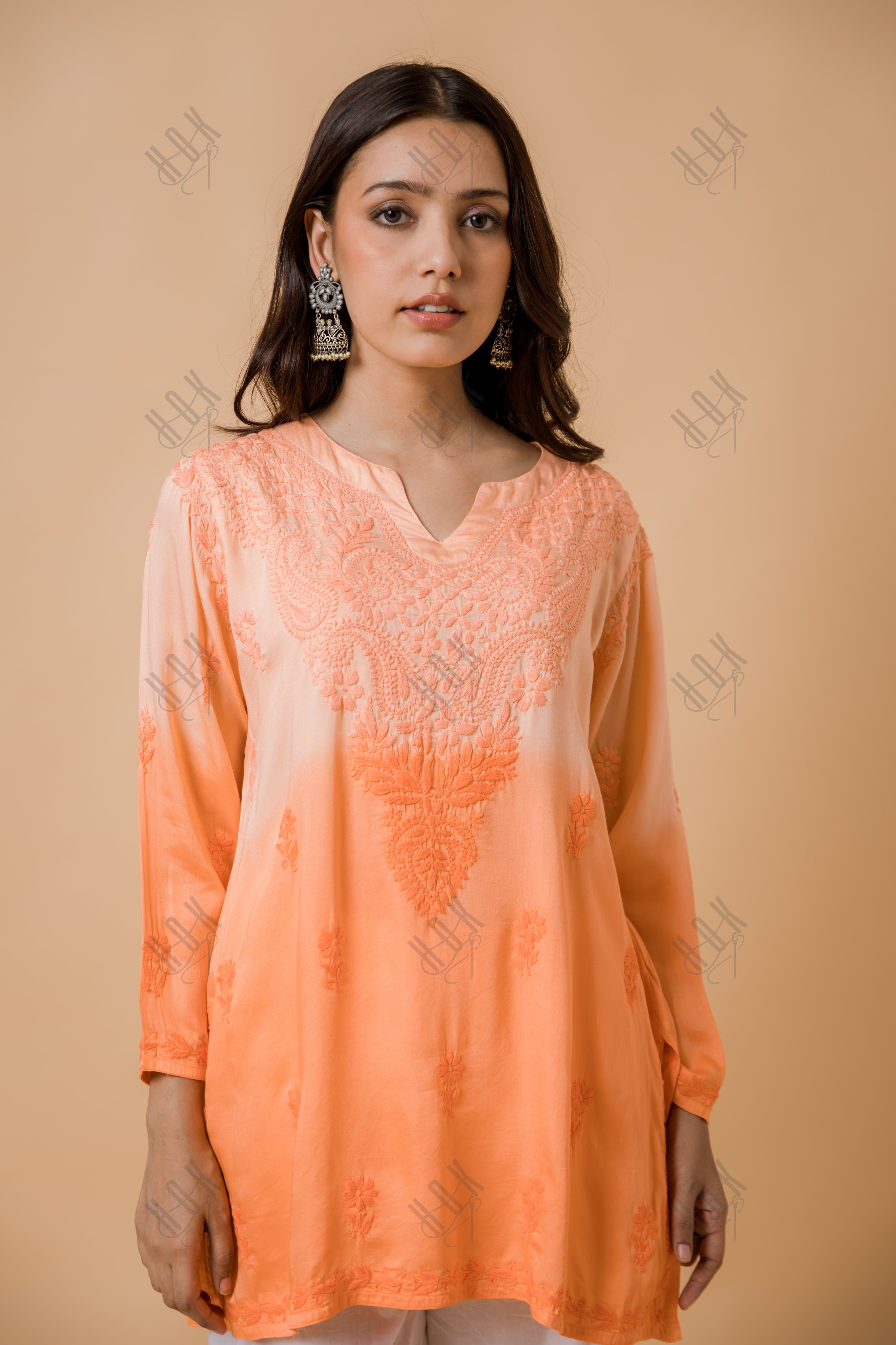 Fizaa Short Kurta in Satin Cotton for Women- Orange