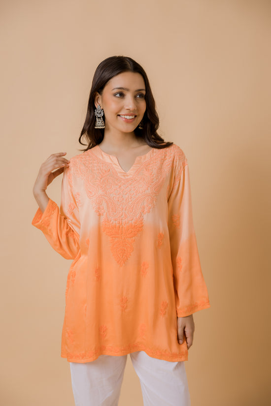 Fizaa Short Kurta in Satin Cotton for Women- Orange