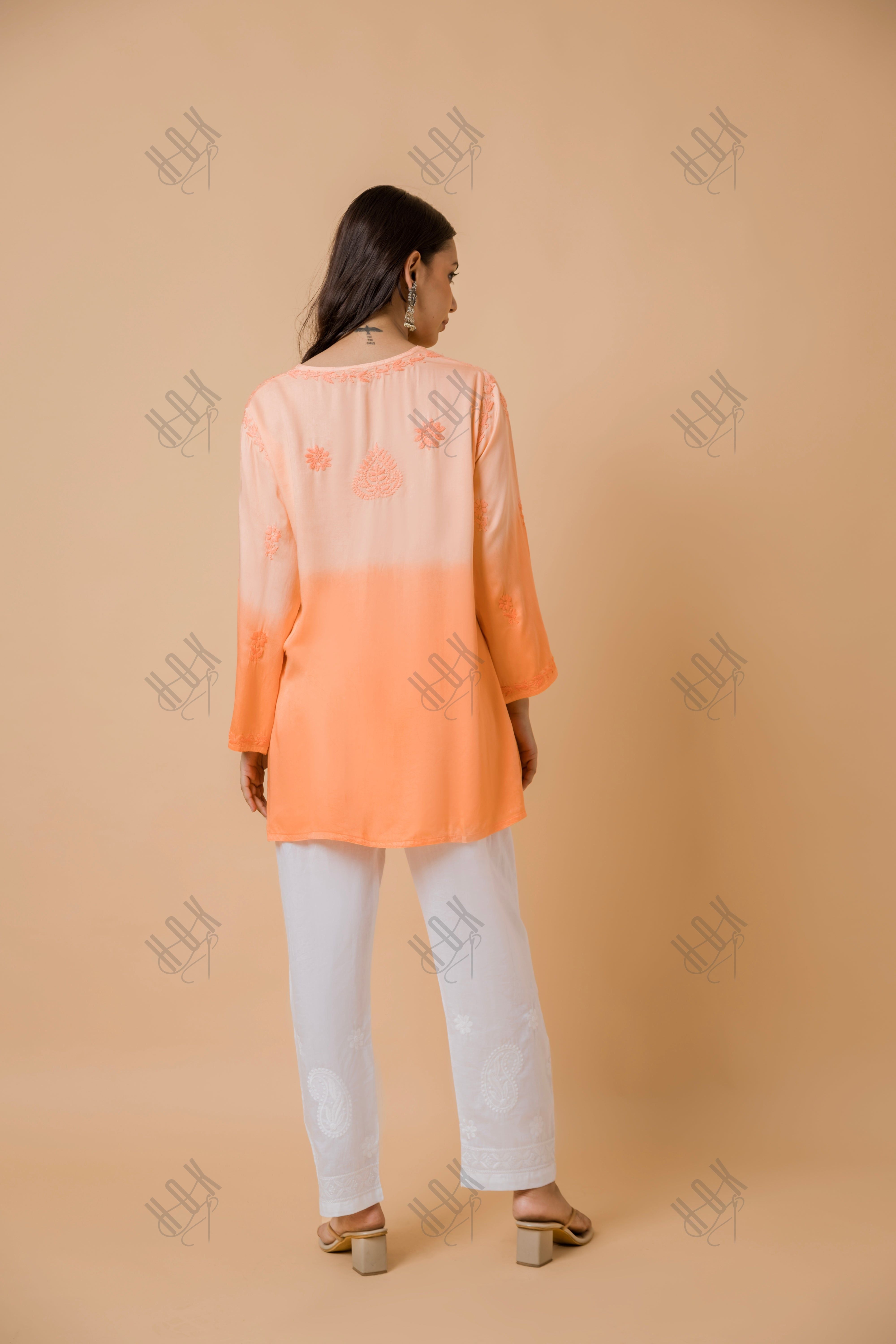 Fizaa Short Kurta in Satin Cotton for Women- Orange