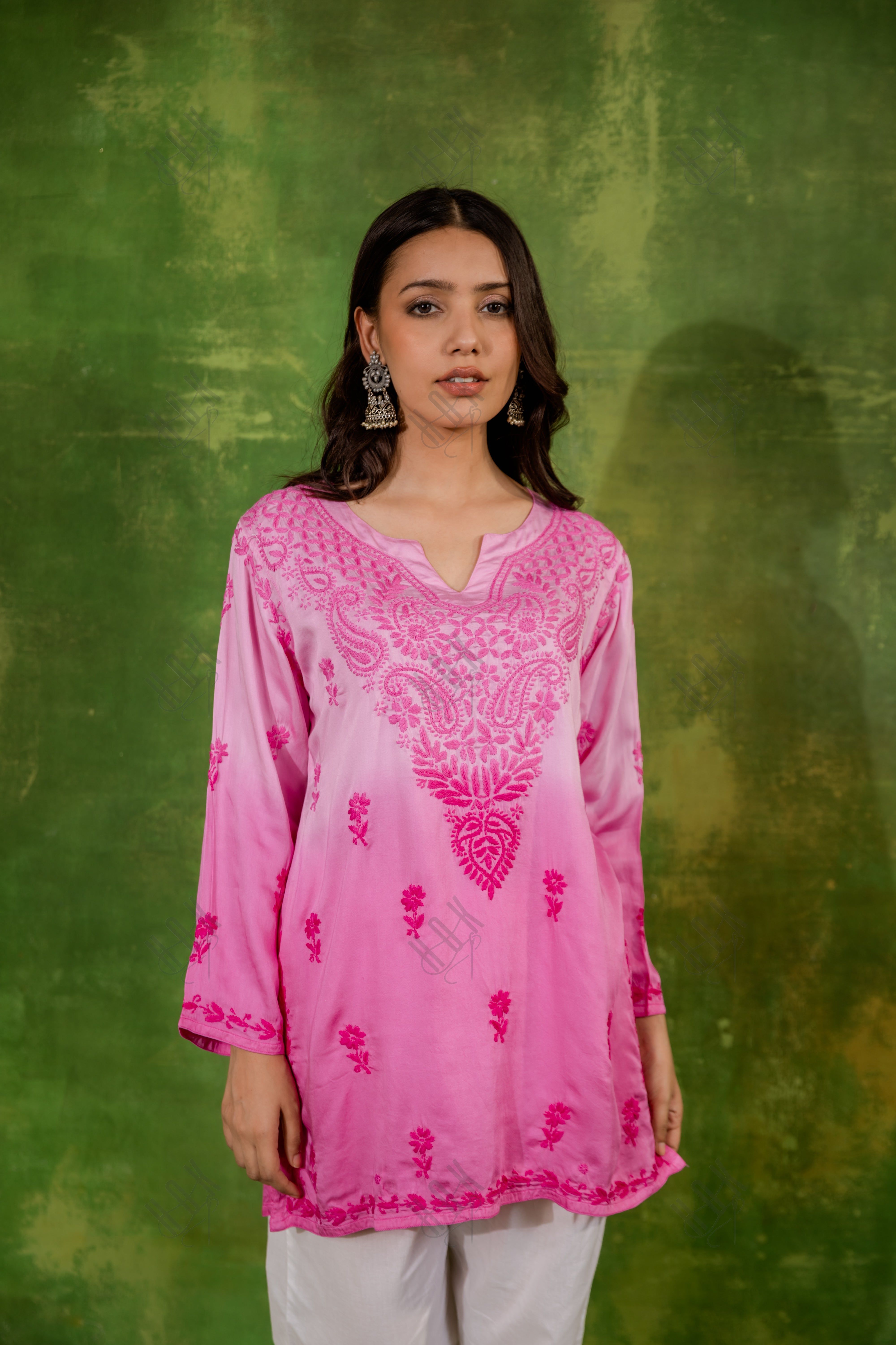 Fizaa Short Kurta in Satin Cotton for Women- Pink