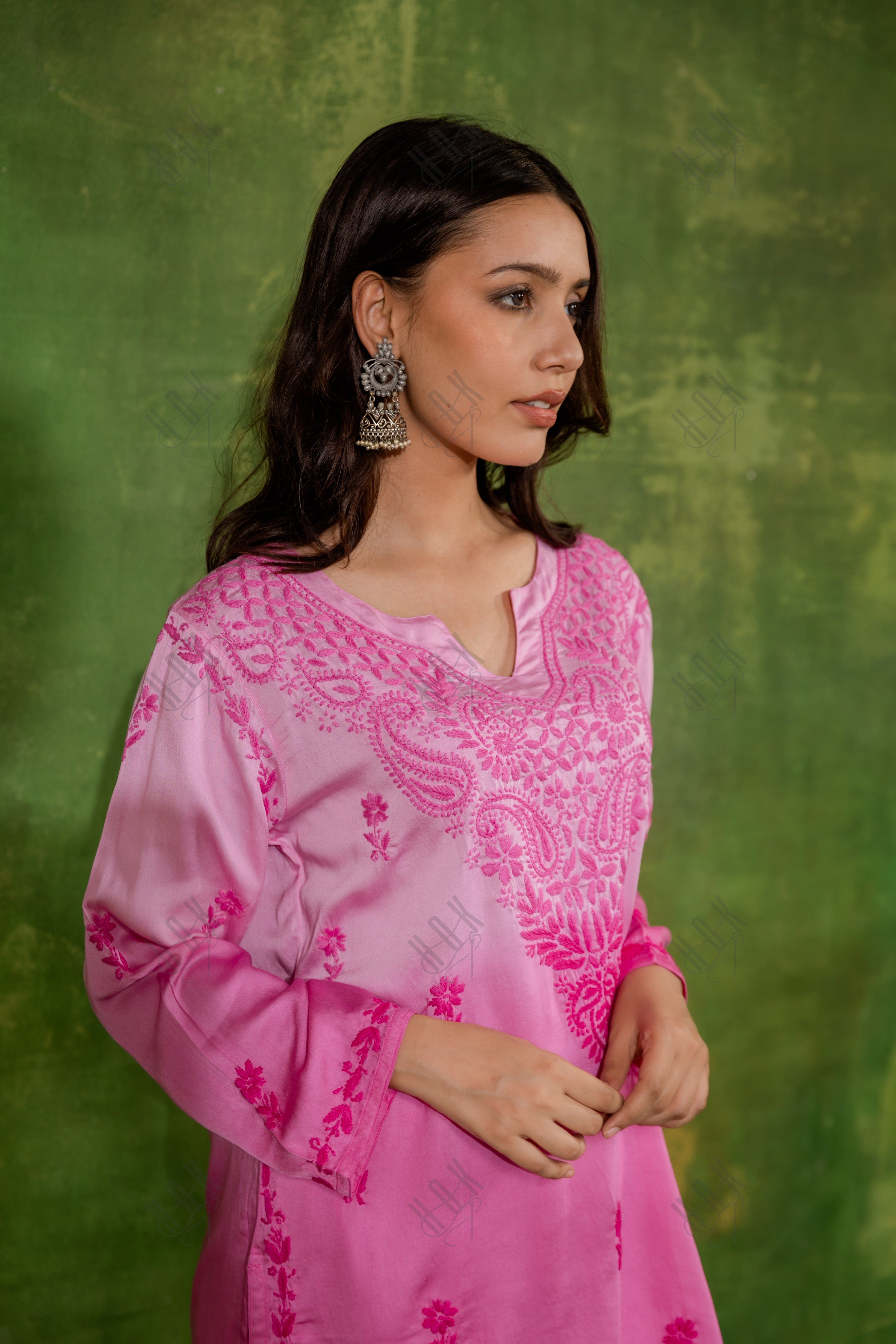 Fizaa Short Kurta in Satin Cotton for Women- Pink