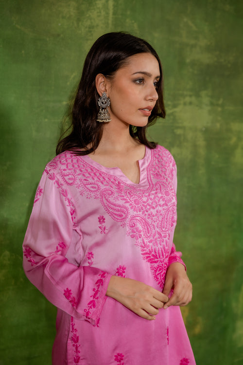 Fizaa Short Kurta in Satin Cotton for Women- Pink