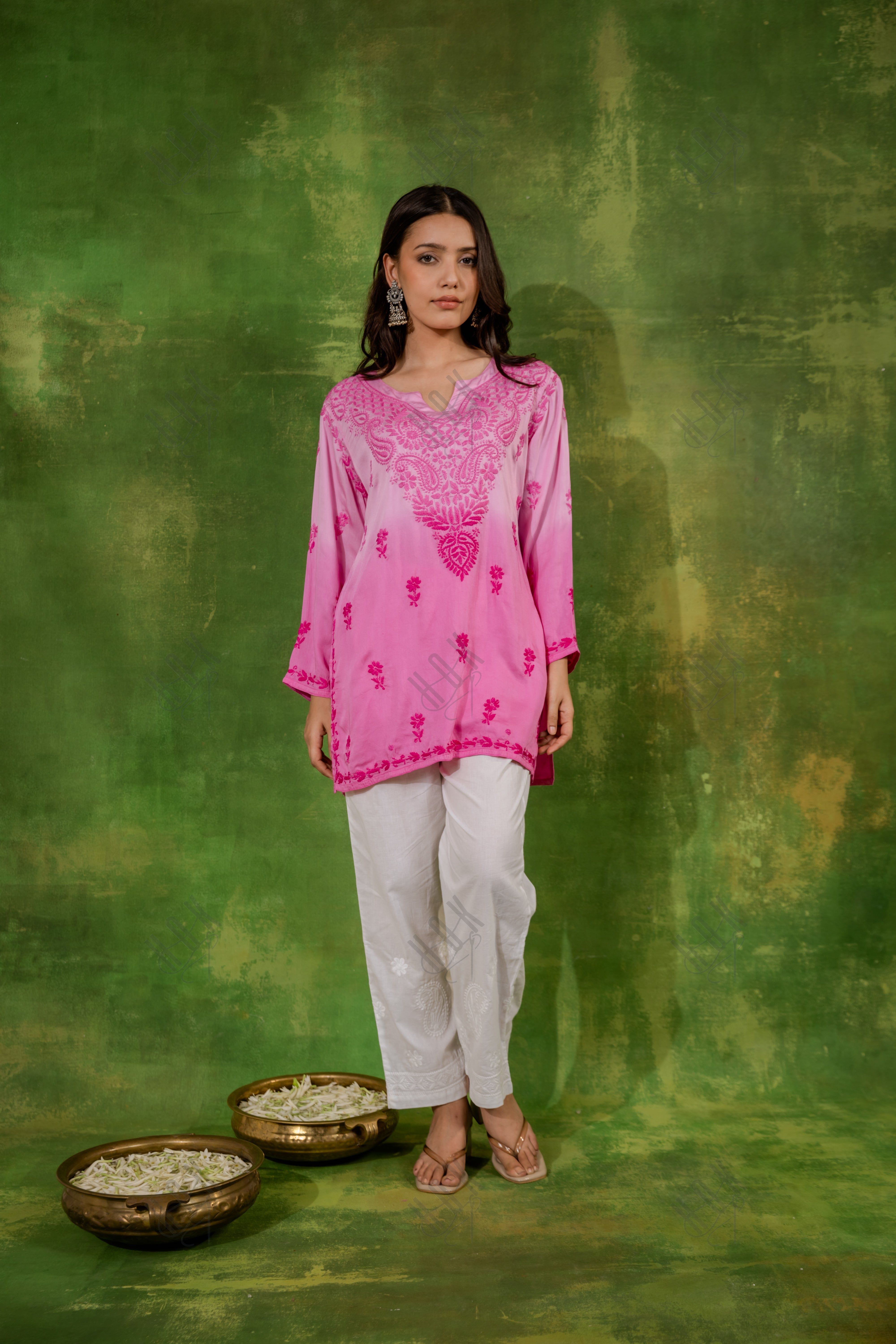 Fizaa Short Kurta in Satin Cotton for Women- Pink