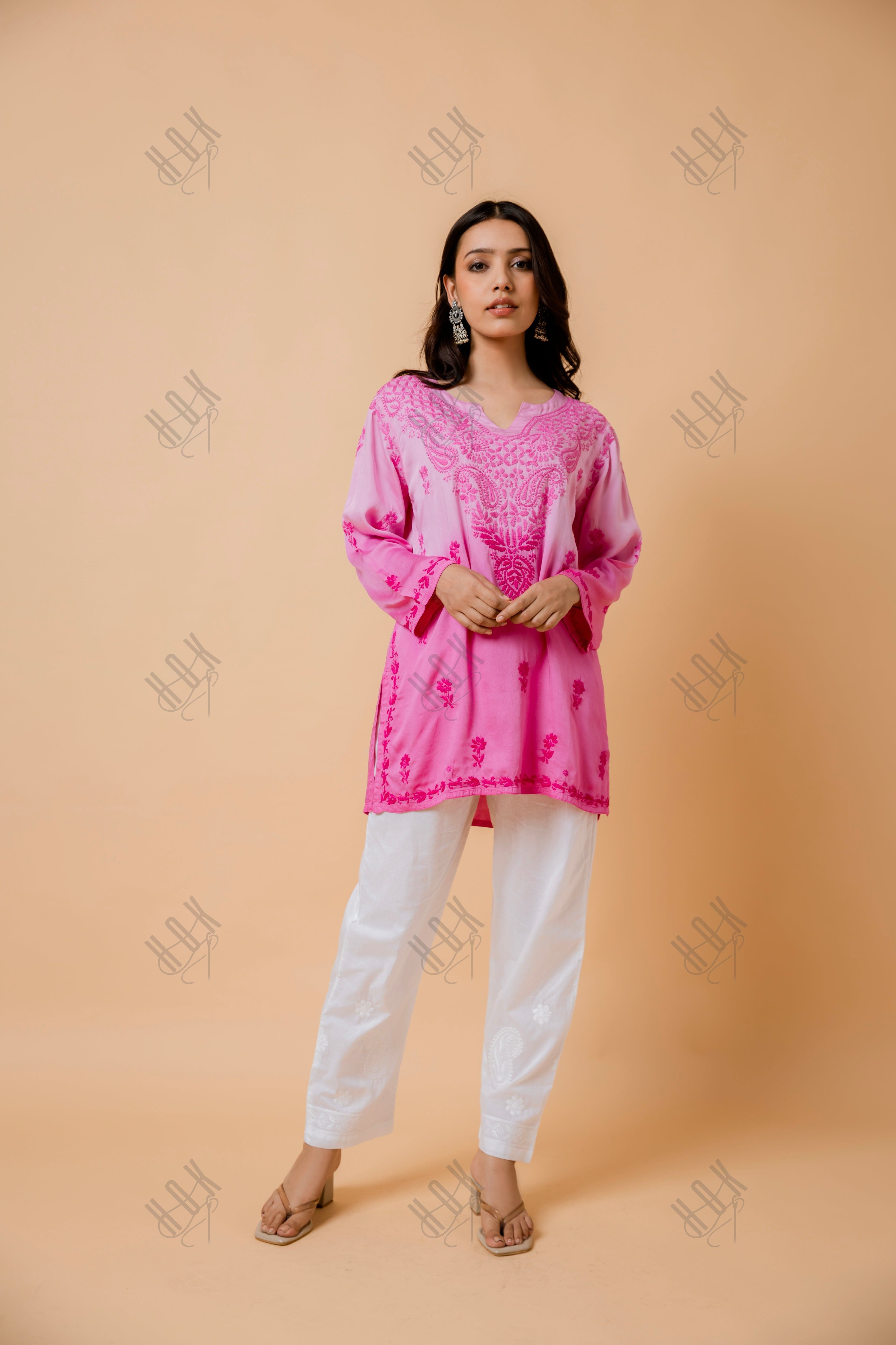 Fizaa Short Kurta in Satin Cotton for Women- Pink