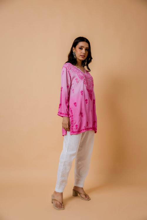 Fizaa Short Kurta in Satin Cotton for Women- Pink