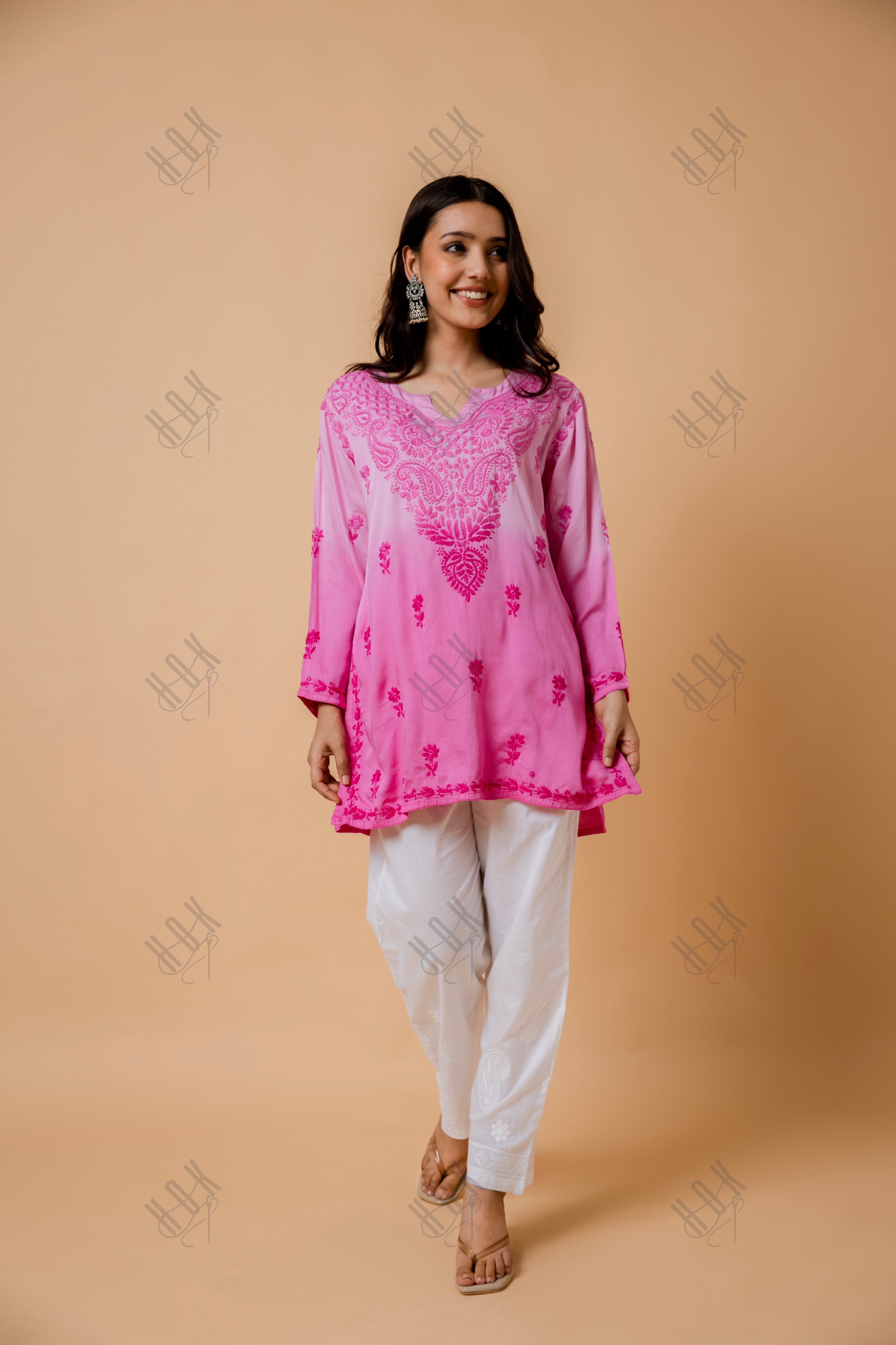 Fizaa Short Kurta in Satin Cotton for Women- Pink