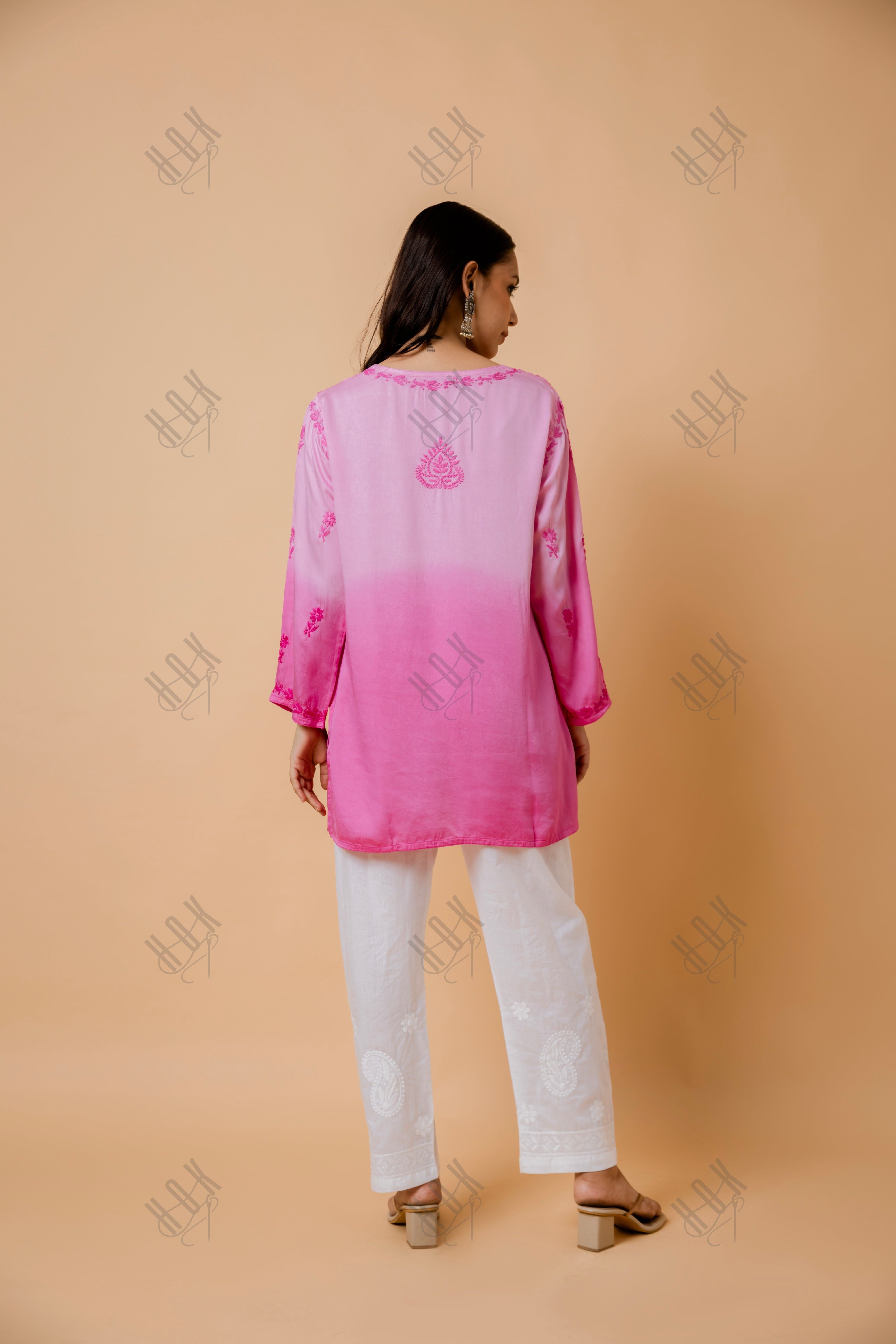 Fizaa Short Kurta in Satin Cotton for Women- Pink