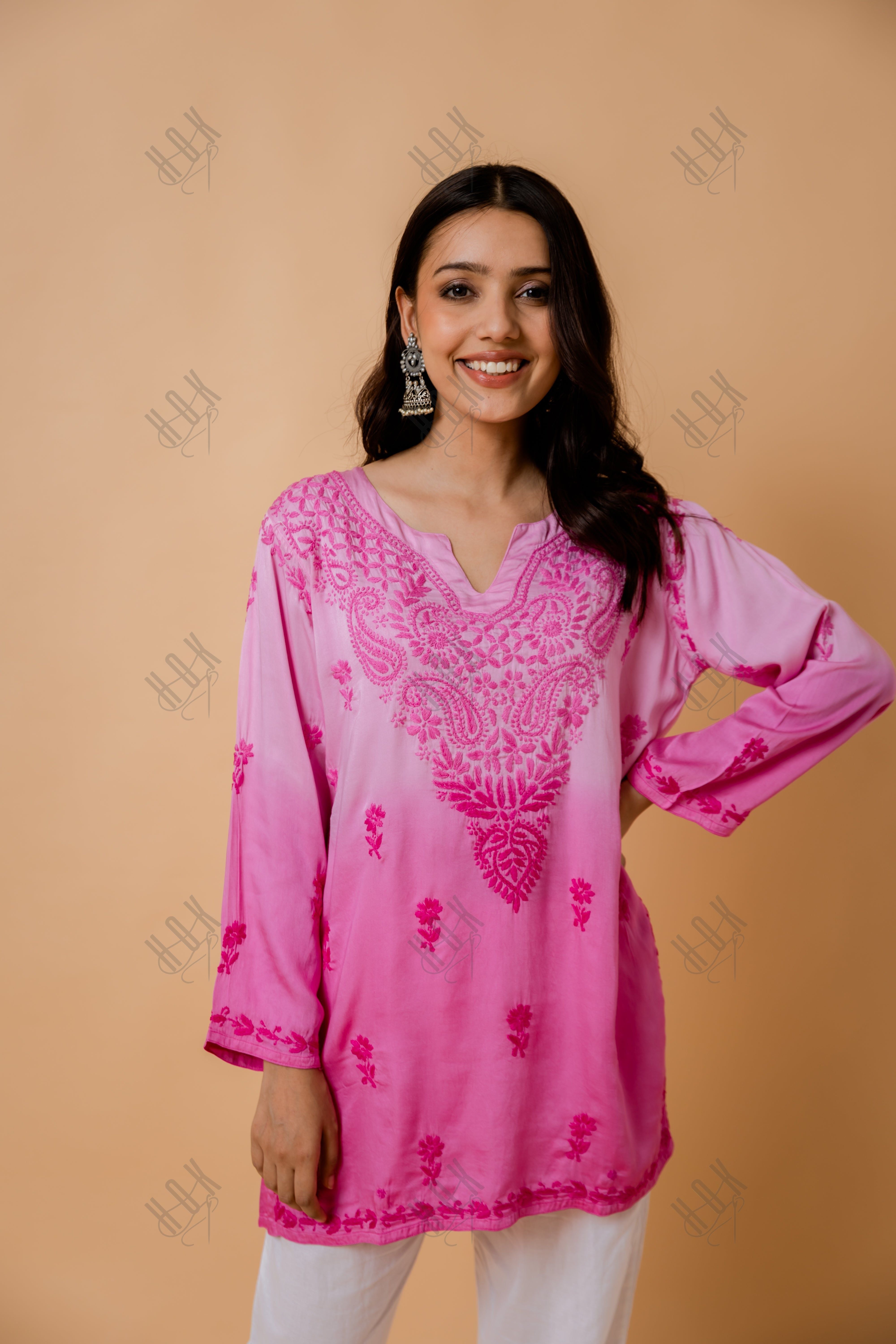 Fizaa Short Kurta in Satin Cotton for Women- Pink