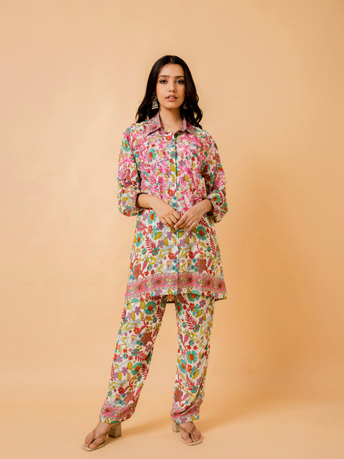 Fizaa Cream Multicolor Polysilk Set with Pink Hand Embroidery