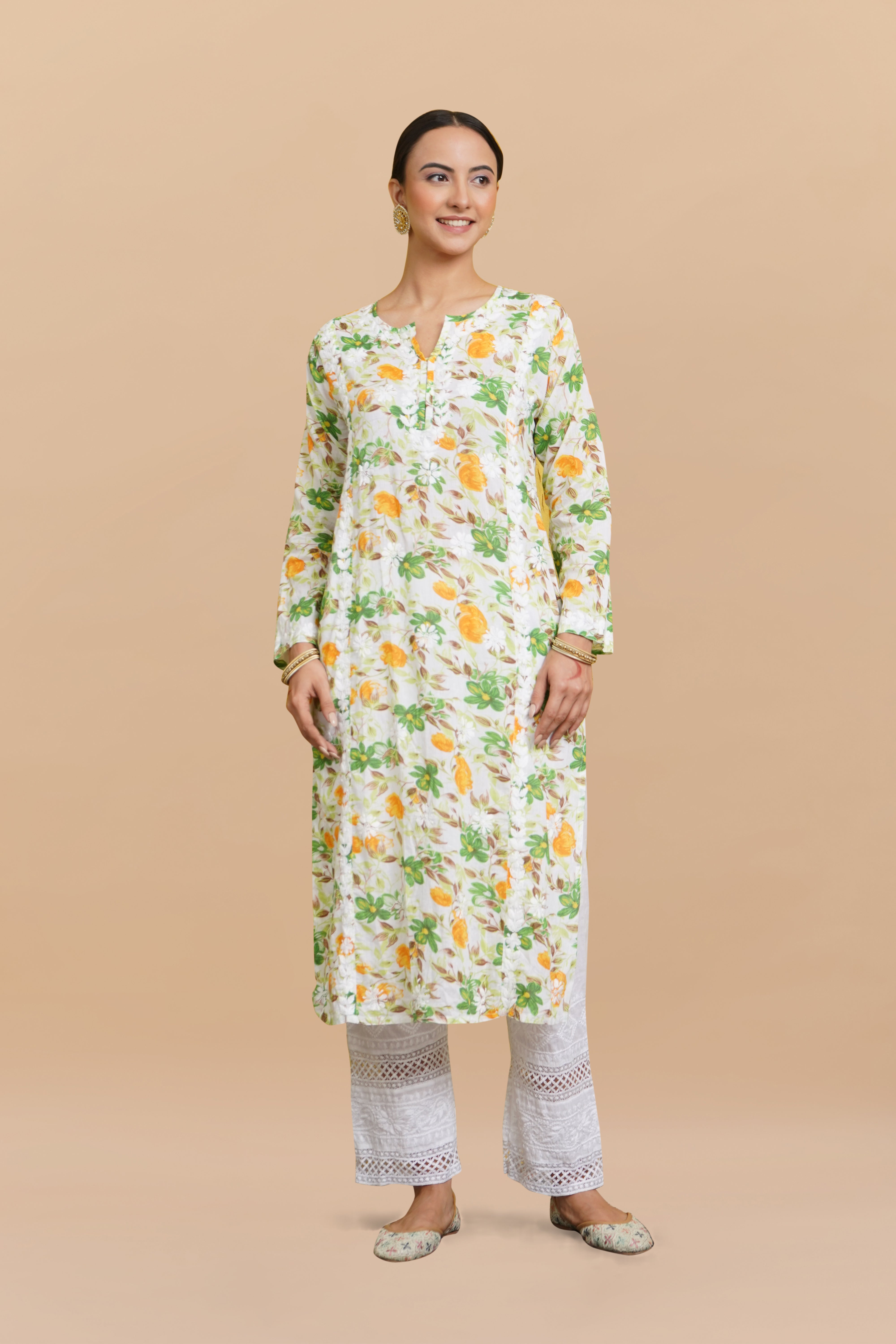 Saba Chikankari Kurta in Mul cotton in Green Floral