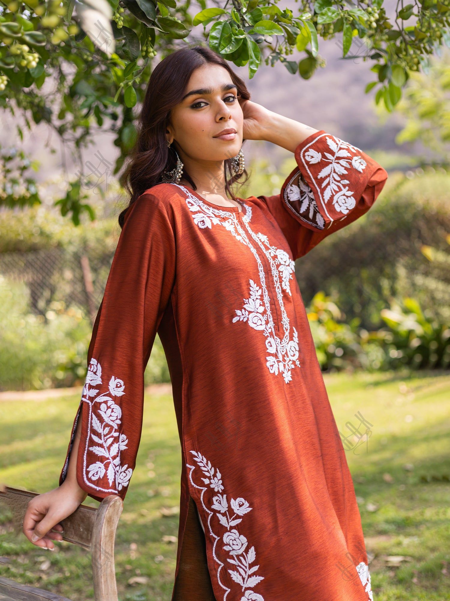 Saba Chikankari Long Kurta in Barfi Silk - Chutney