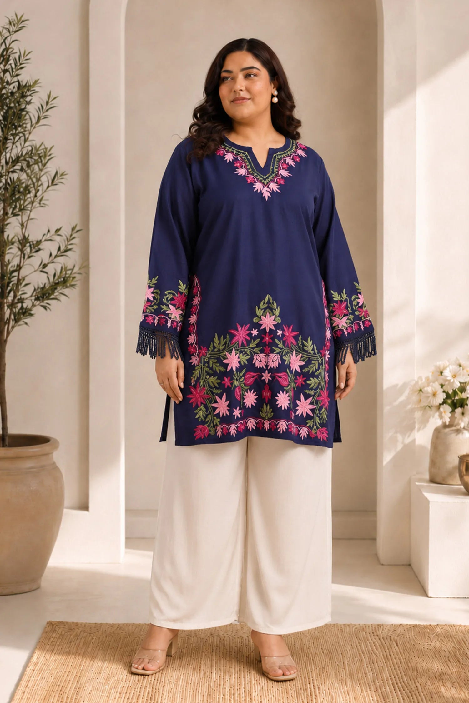 Plus Size - Falak Kashmiri Long Kurta - Blue