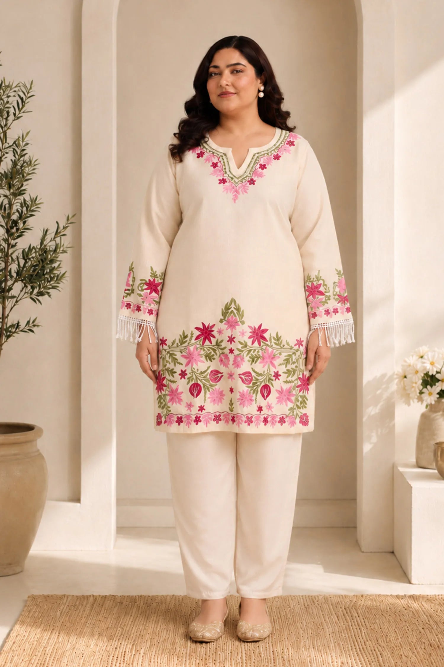 Plus Size - HOK Falak Kashmiri Long Kurta - White