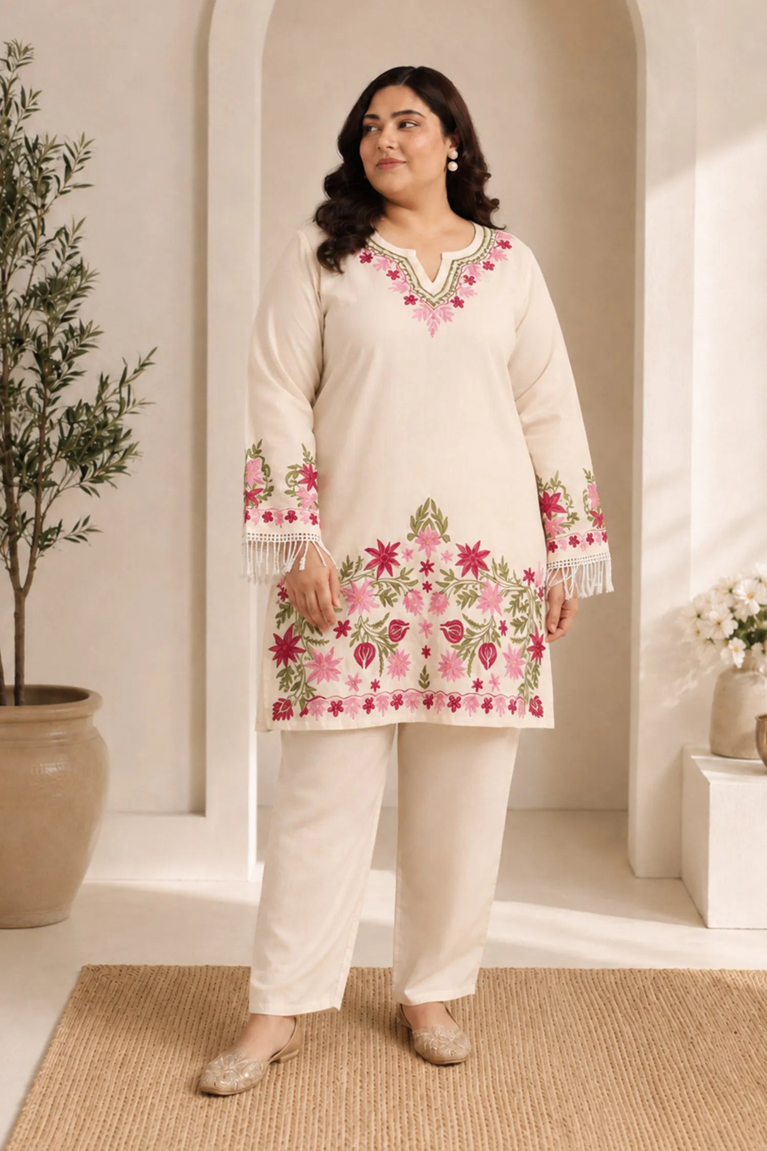Plus Size - HOK Falak Kashmiri Long Kurta - White