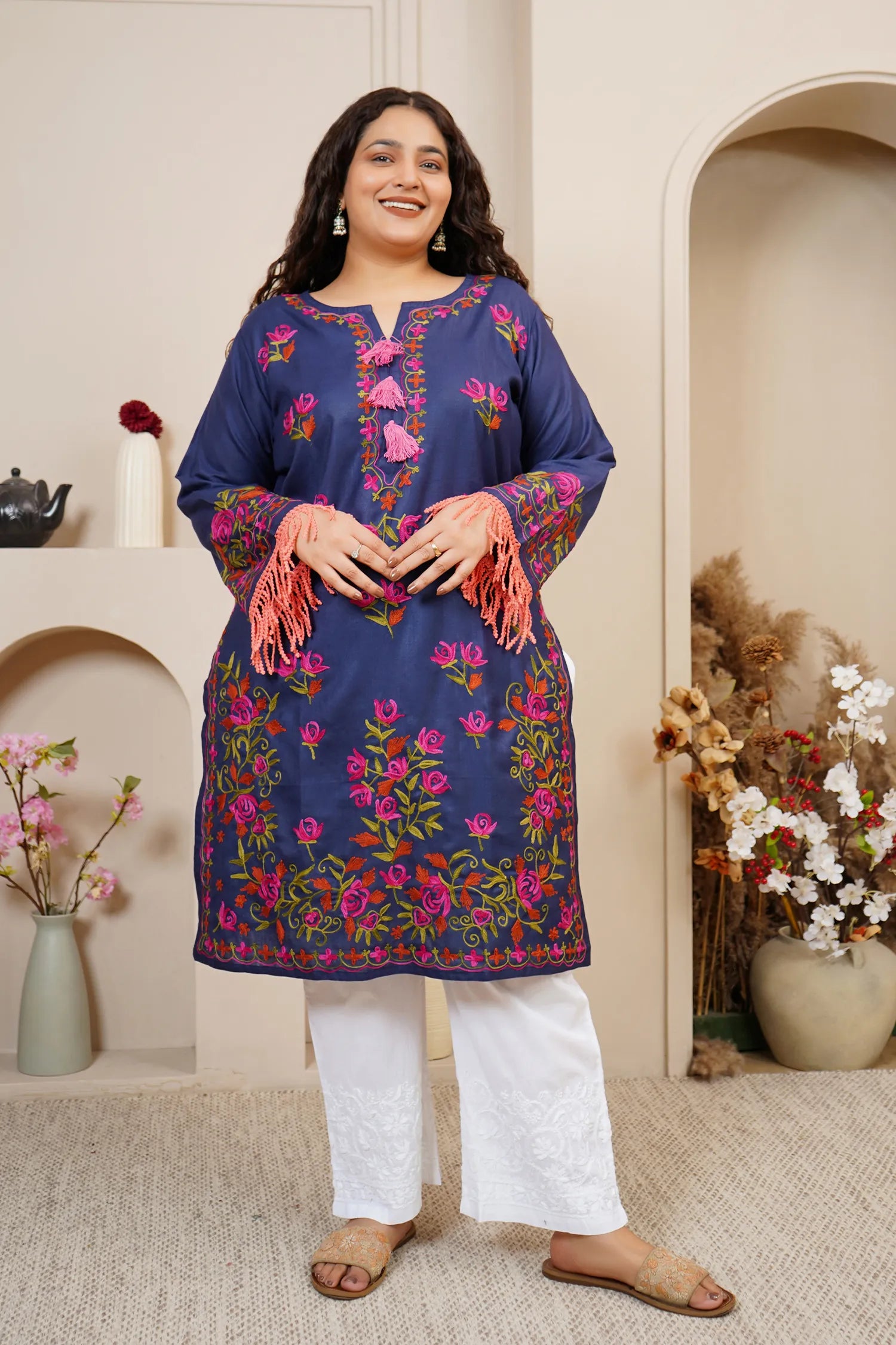 Plus Size - Falak Kashmiri Long Kurta- Navy Blue