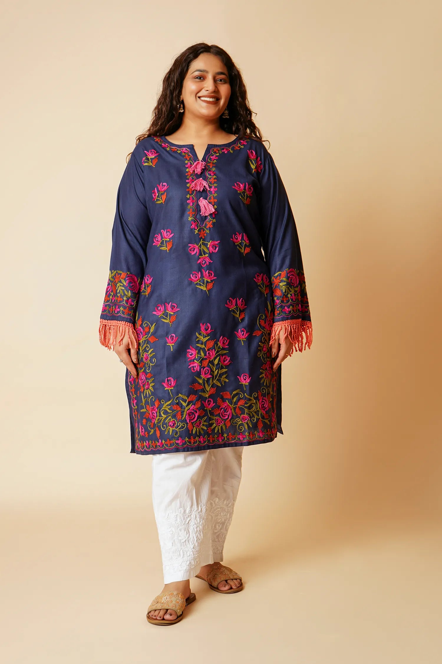 Plus Size - Falak Kashmiri Long Kurta- Navy Blue