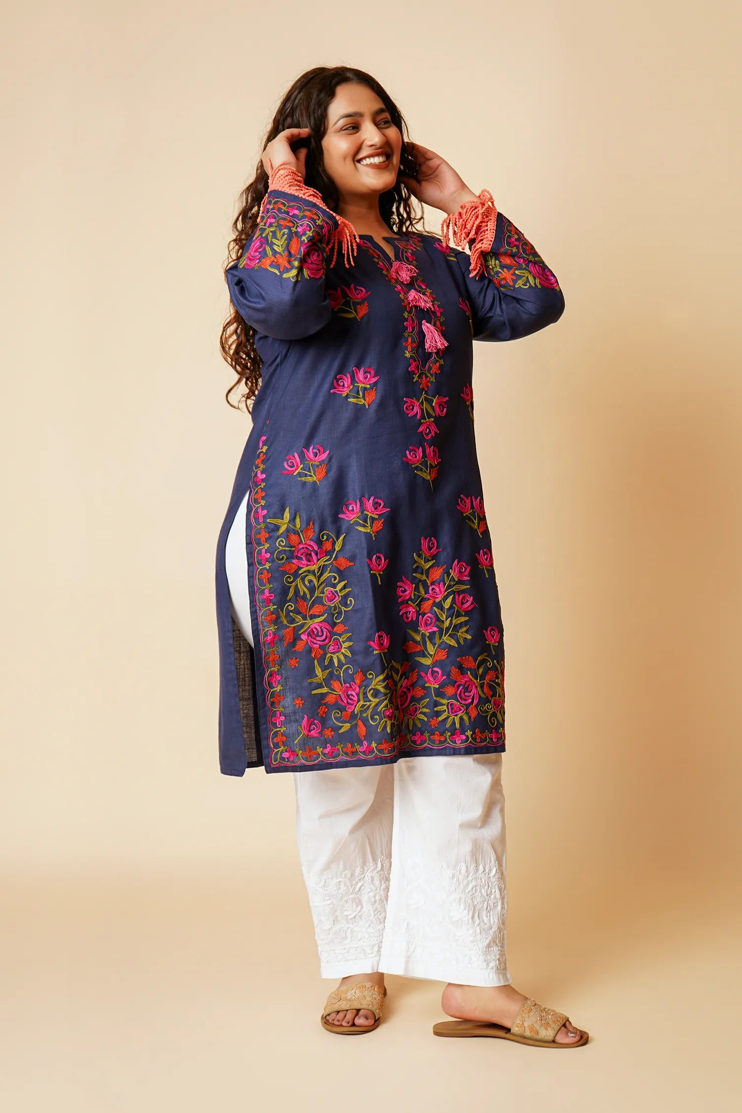 Plus Size - Falak Kashmiri Long Kurta- Navy Blue