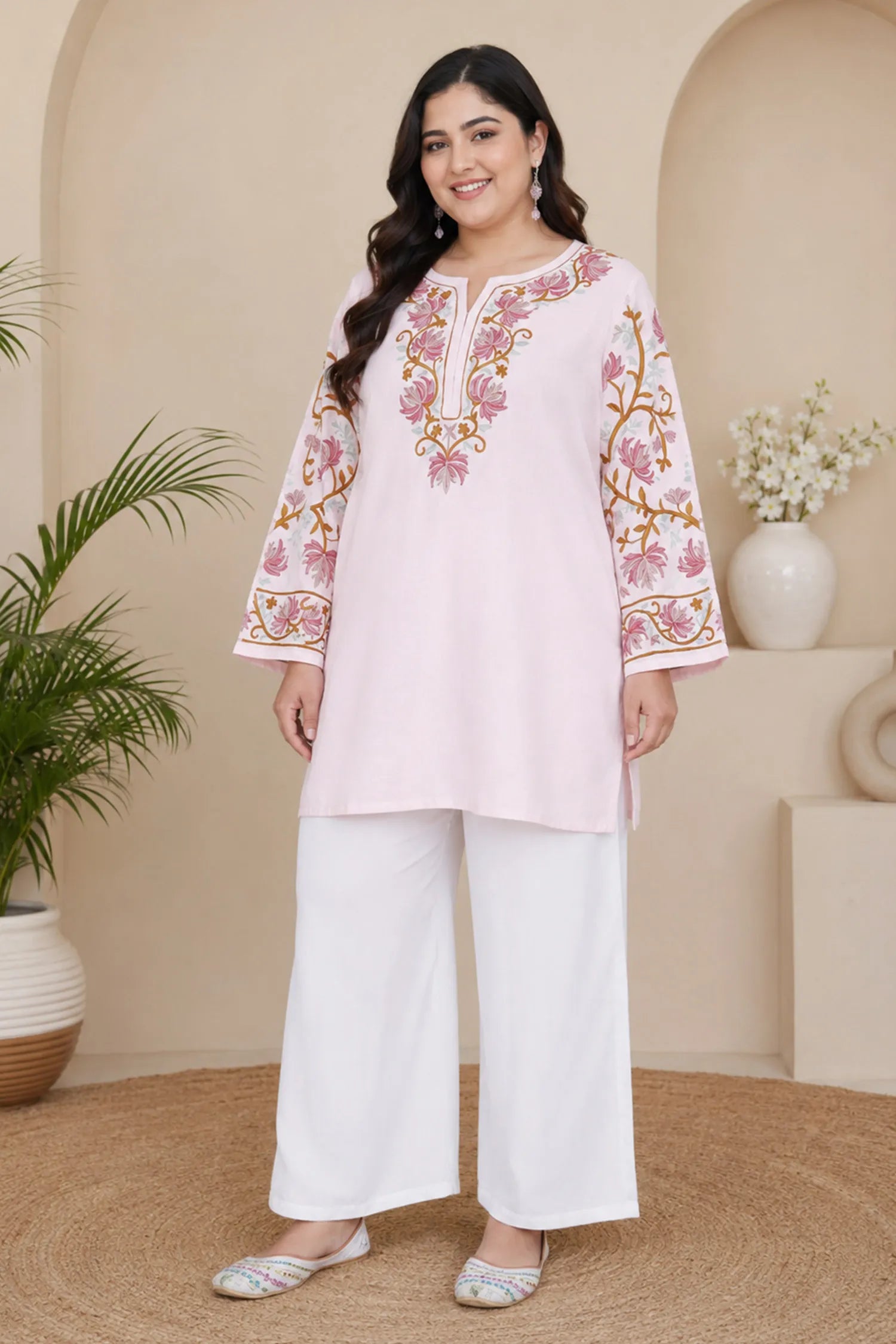 Plus Size - Kashmiri Aari Work Cotton Short Kurta – Pink