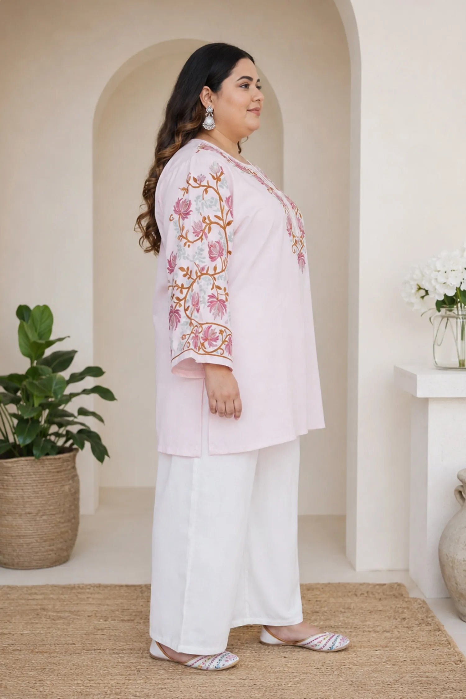 Plus Size - Kashmiri Aari Work Cotton Short Kurta – Pink