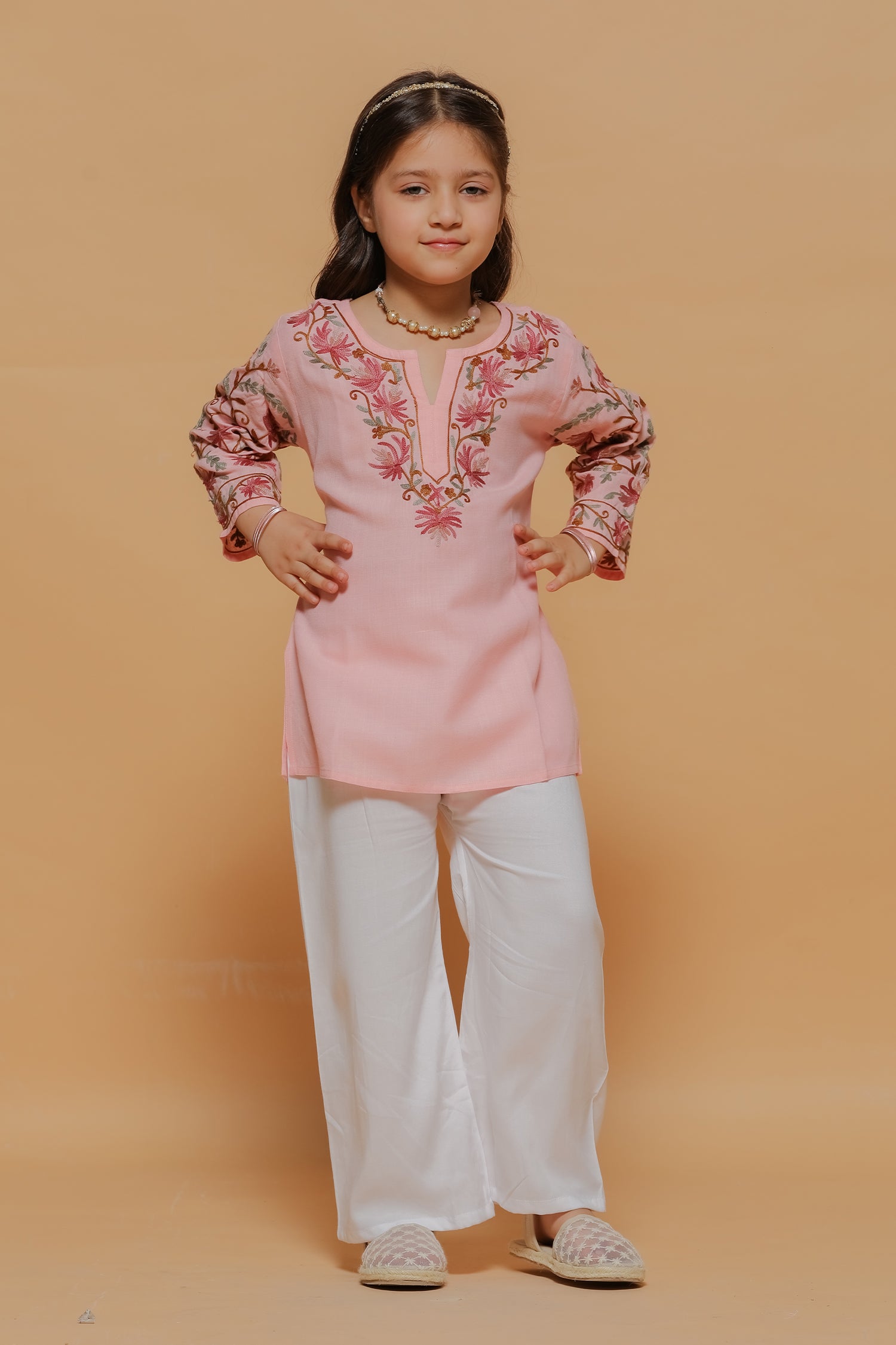 Kids Soft Pink Cotton Short Kurta with Kashmiri Aari Work