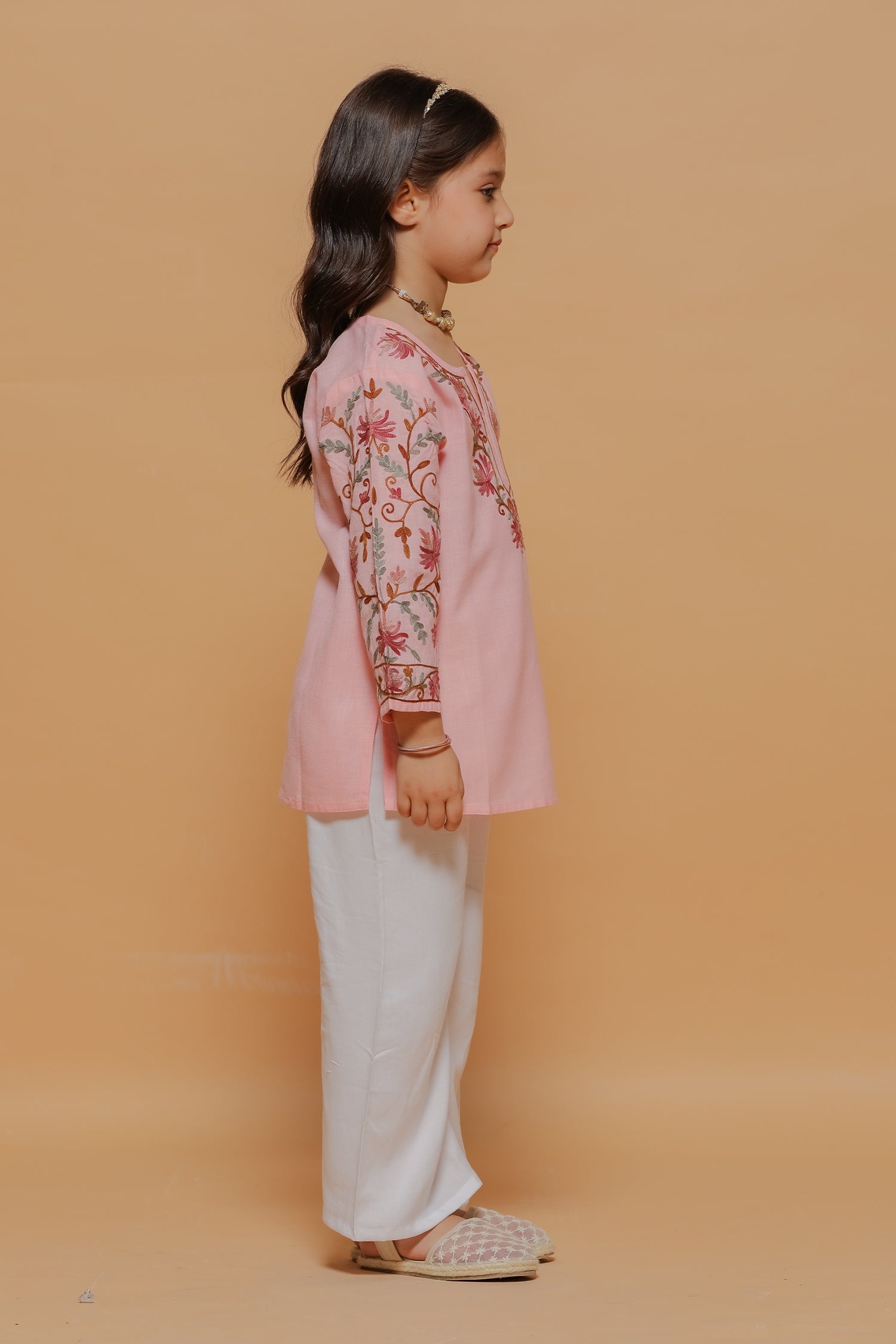 Kids Soft Pink Cotton Short Kurta with Kashmiri Aari Work