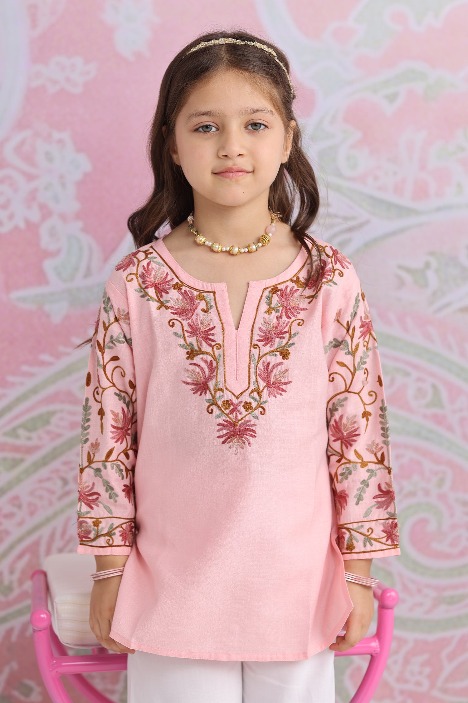 Kids Soft Pink Cotton Short Kurta with Kashmiri Aari Work