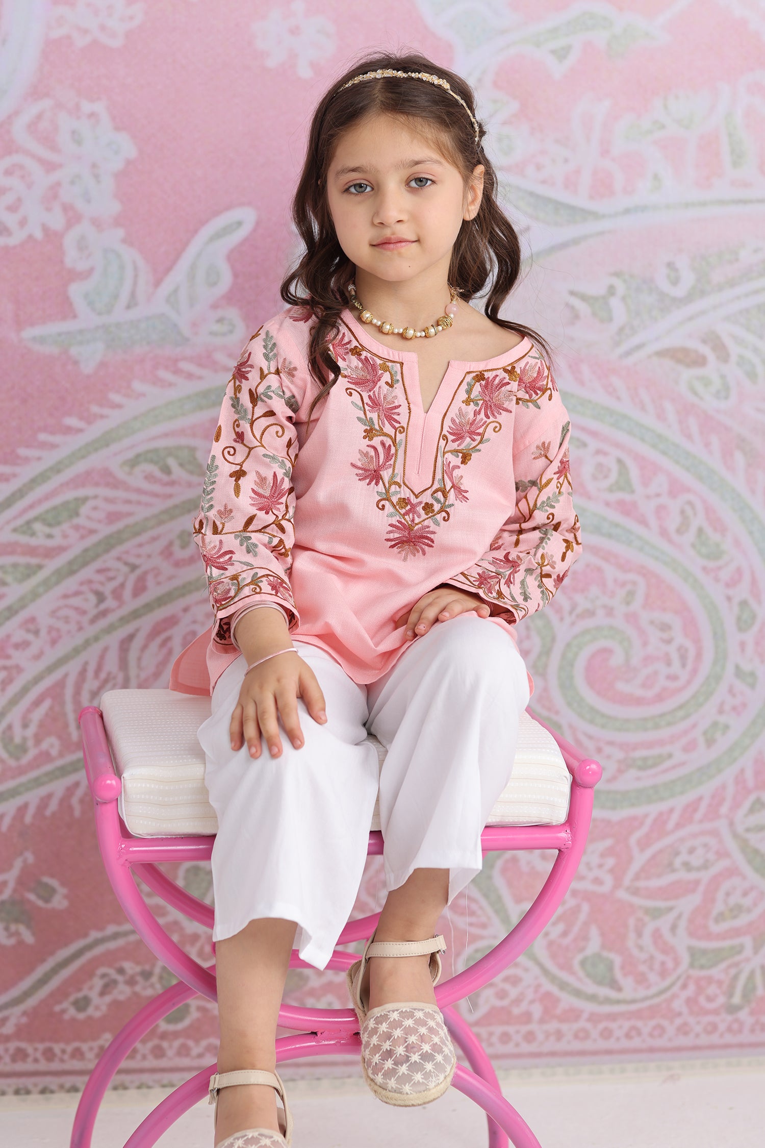 Kids Soft Pink Cotton Short Kurta with Kashmiri Aari Work