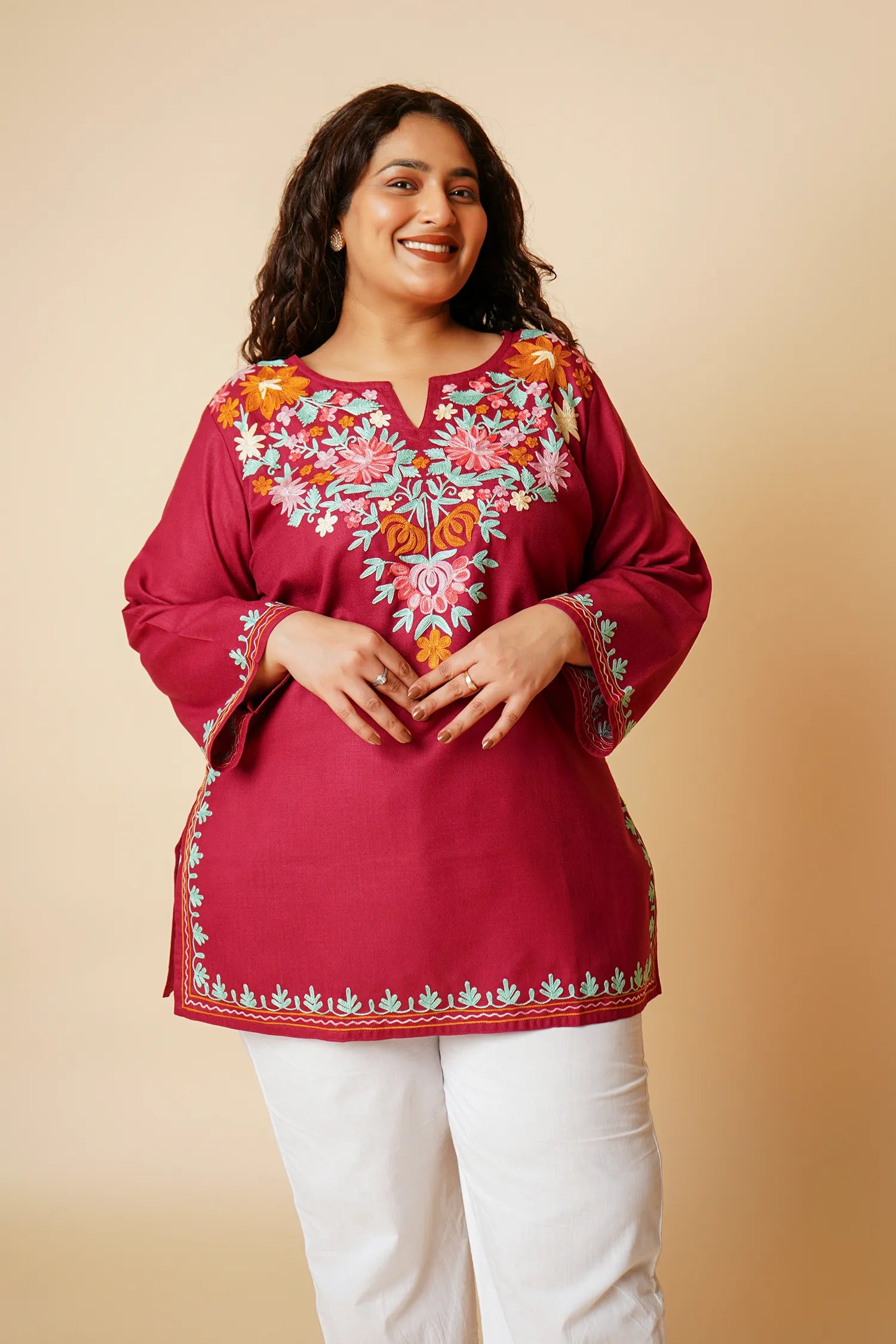 Plus Size - Kashmiri Aari Work Cotton Short Kurta – Maroon