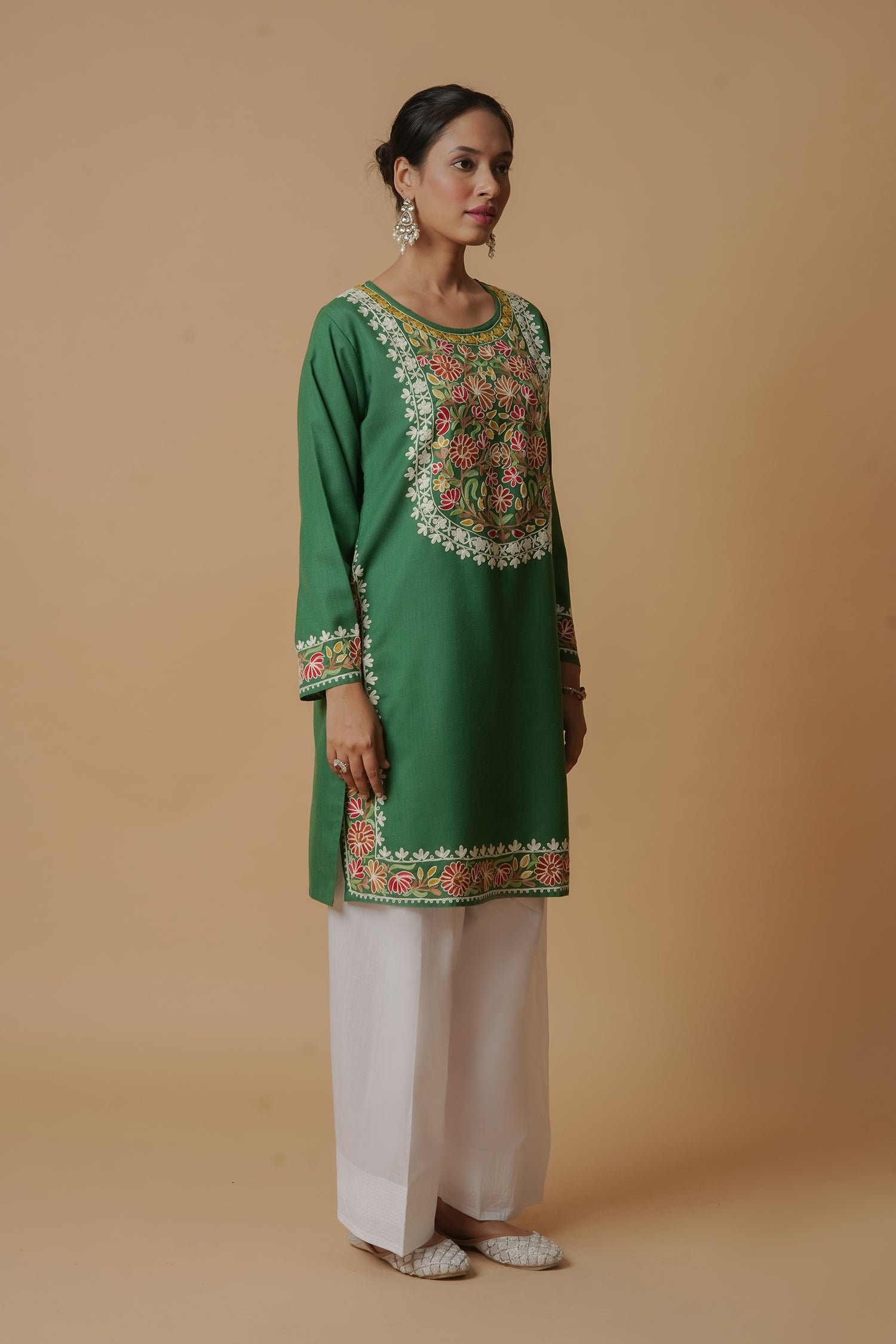 Kashmiri Aari Work Long Kurta - Green