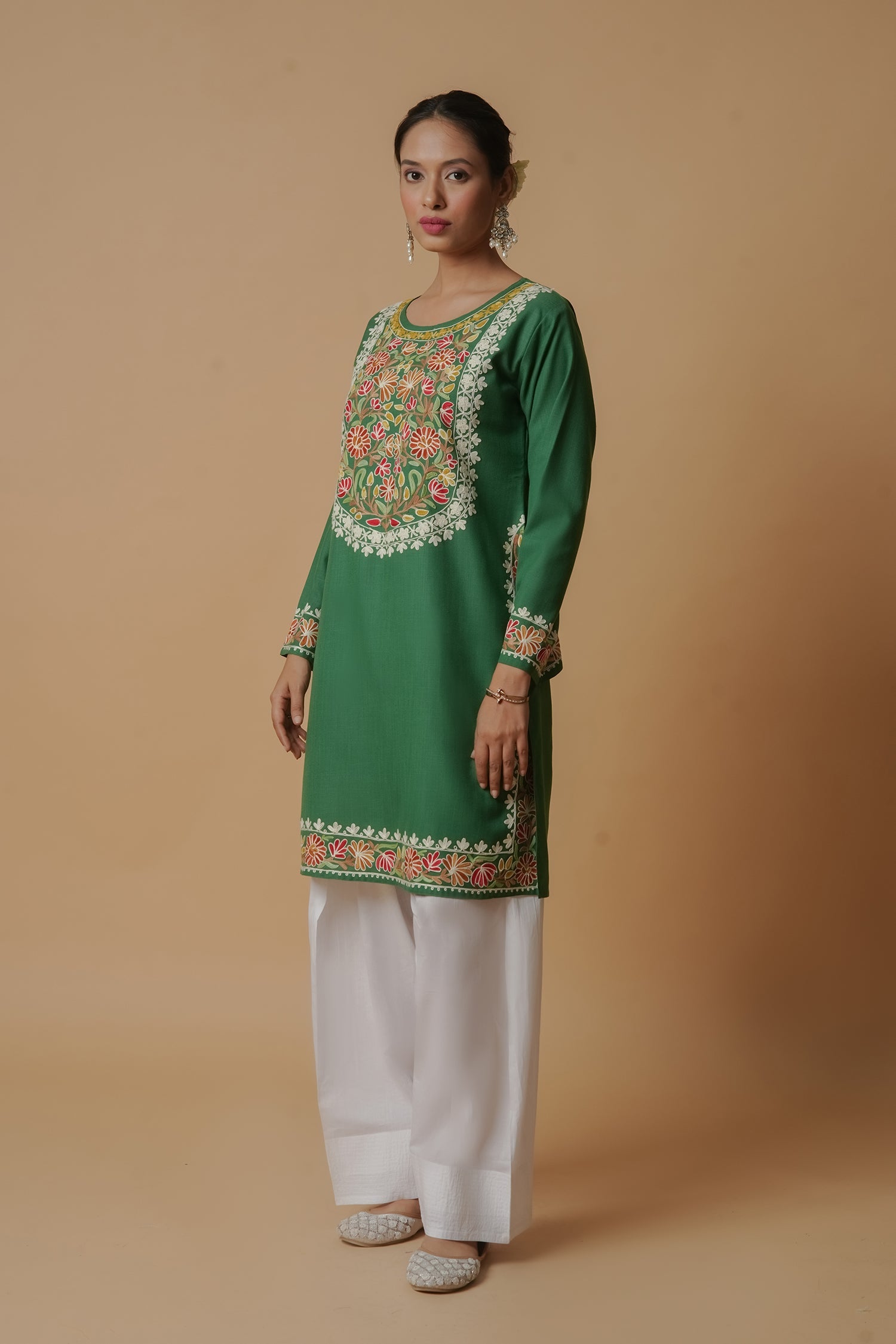 Kashmiri Aari Work Long Kurta - Green