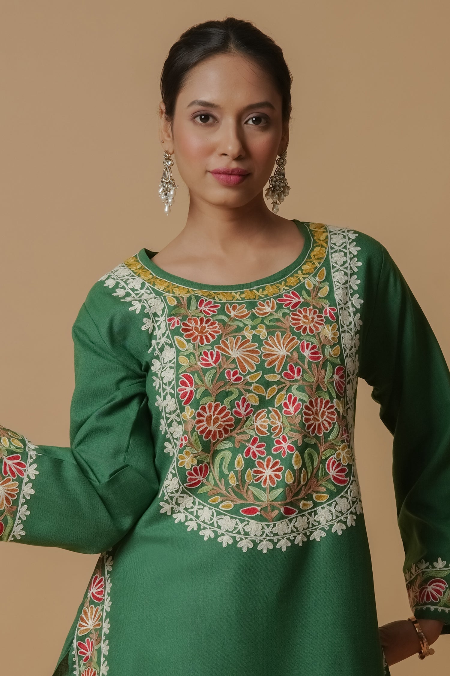 Kashmiri Aari Work Long Kurta - Green