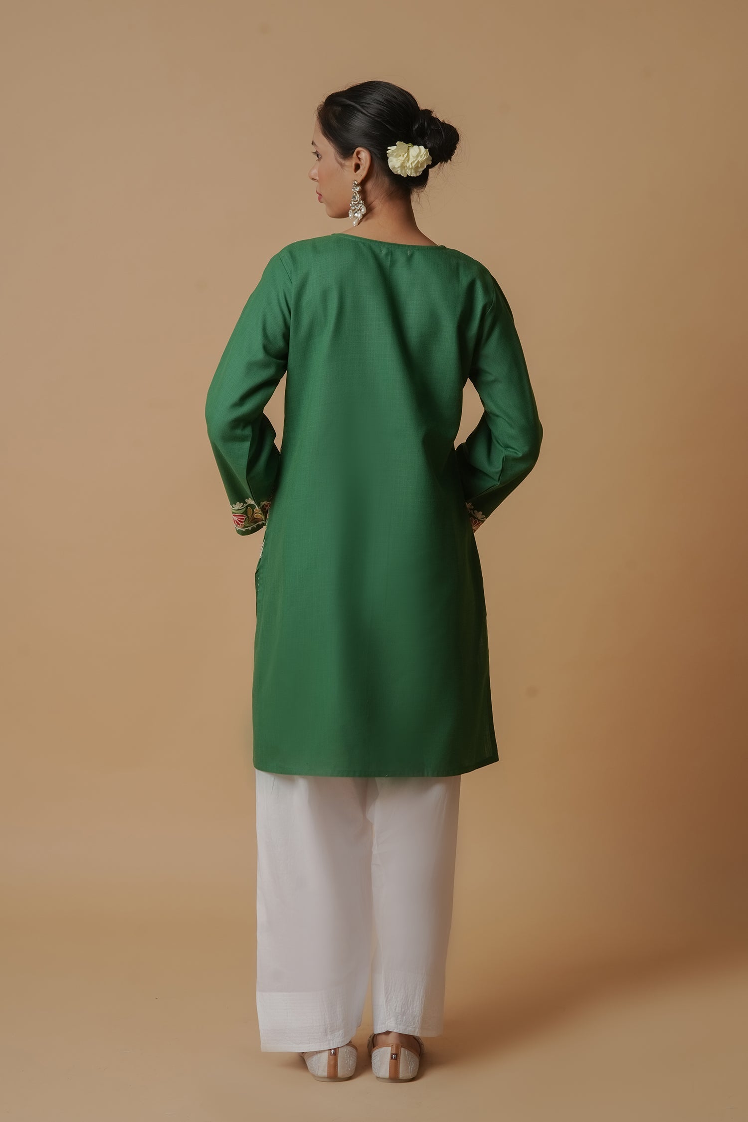 Kashmiri Aari Work Long Kurta - Green