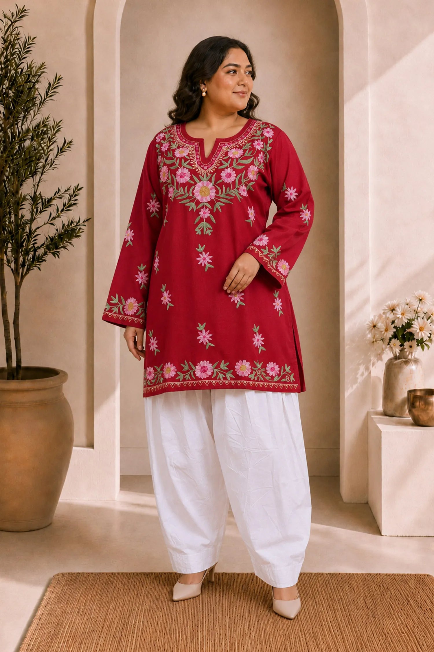 Plus Size - Cotton Kashmiri Aari Short Kurta - Maroon