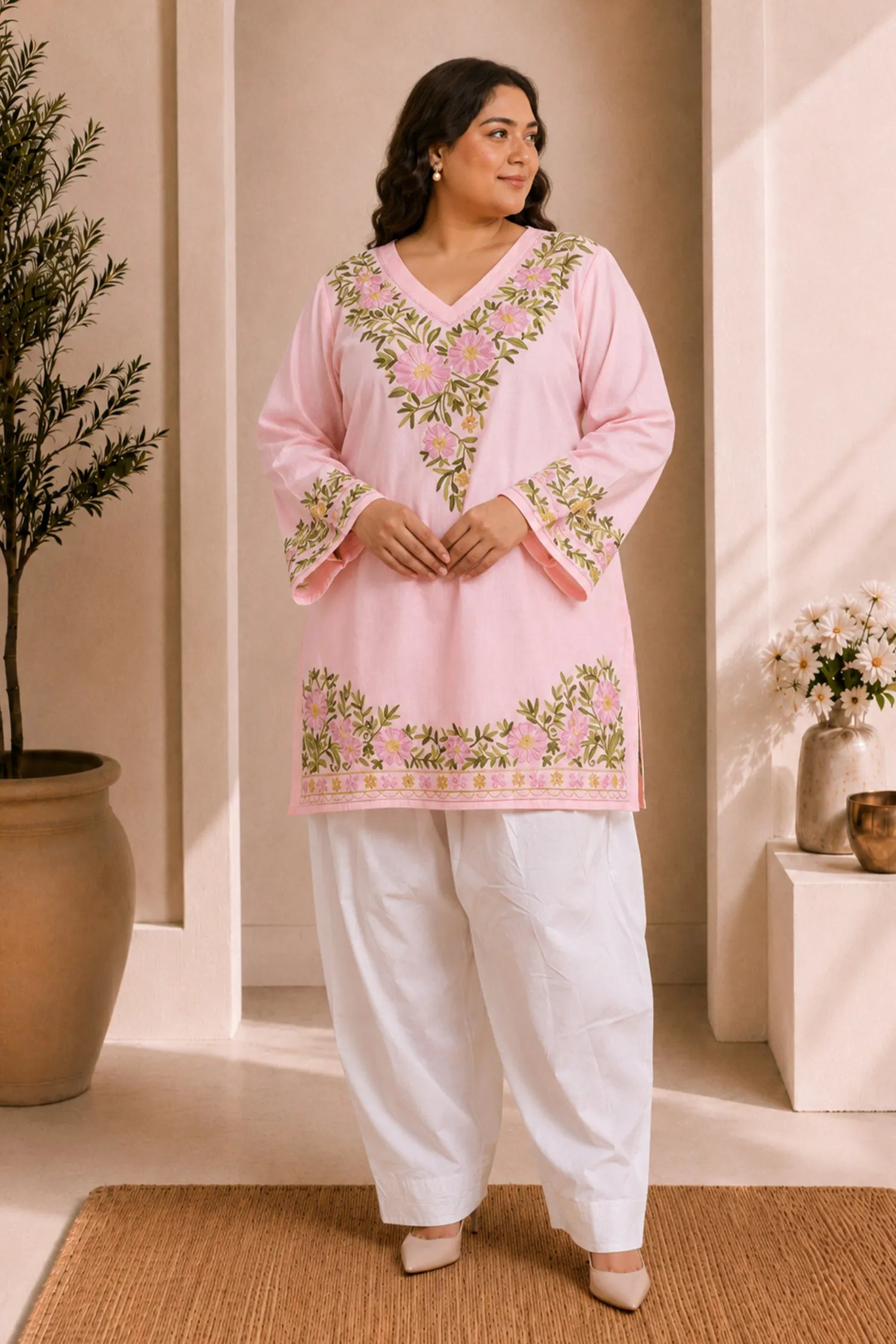 Plus Size - Cotton Kashmiri Aari Short Kurta - Pink