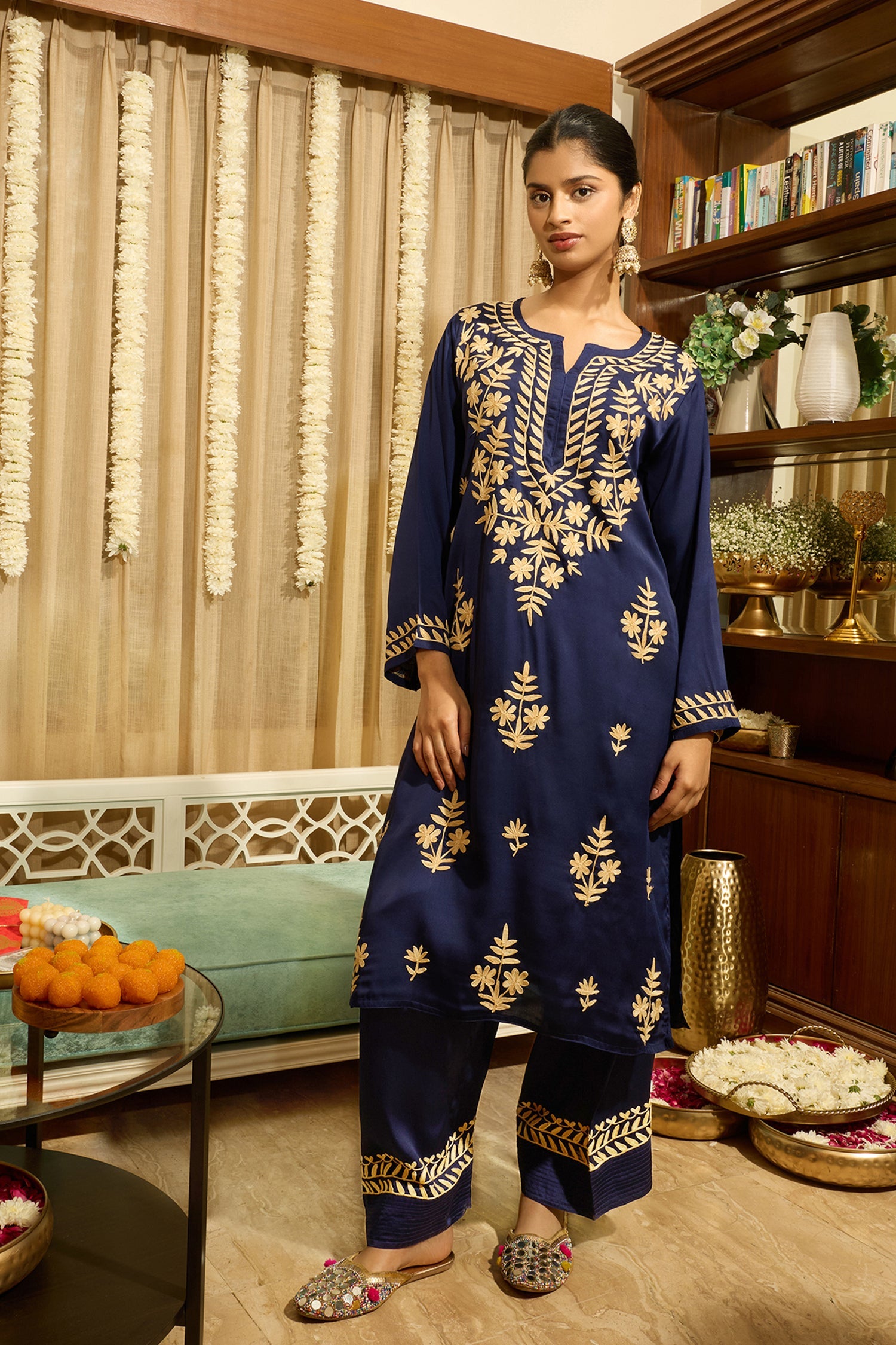 Kashmiri Aari Embroidered Kurta Set with Farsi Pants in Navy Blue Satin Silk