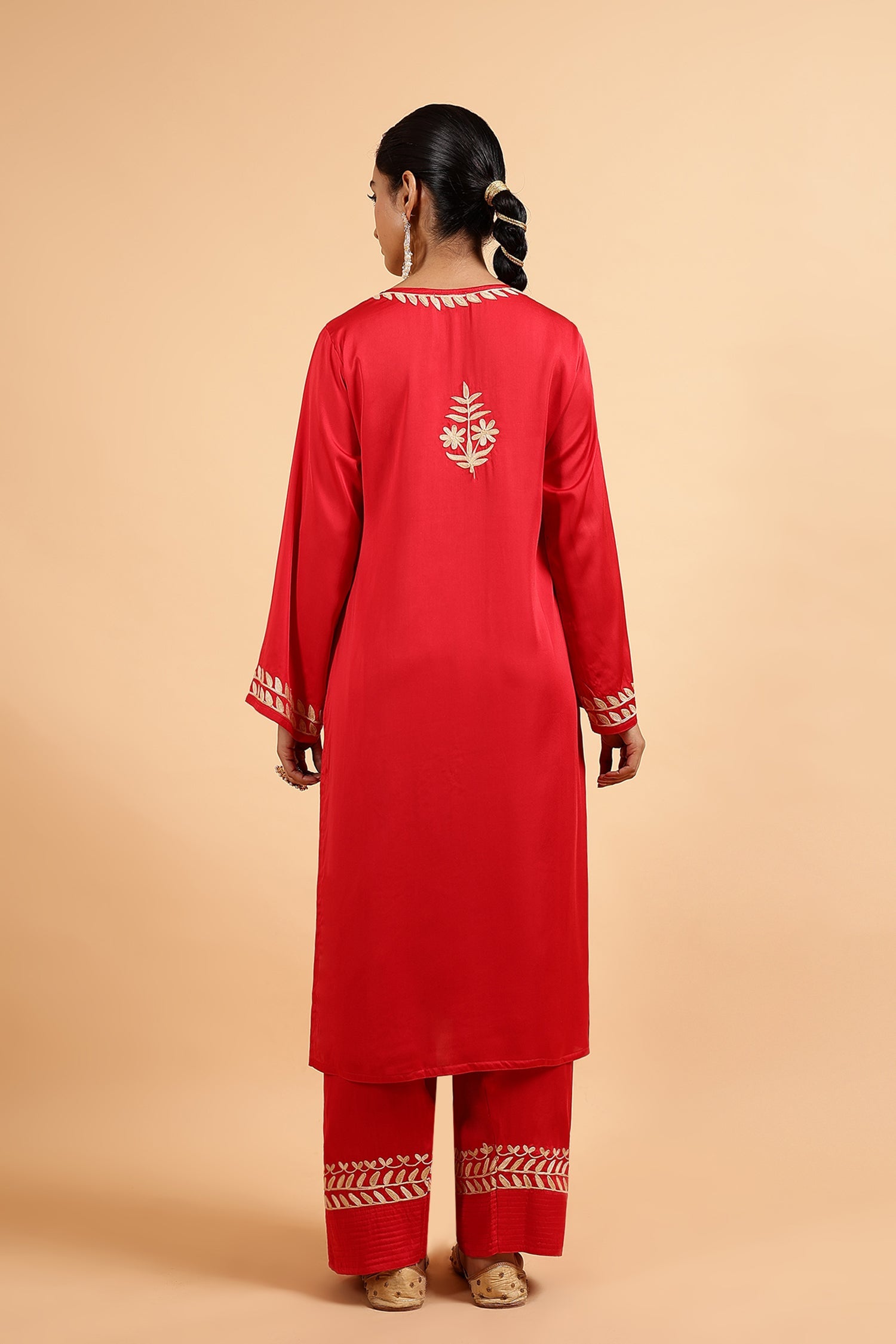 Kashmiri Aari Embroidered Kurta Set with Farsi Pants in Red Satin Silk